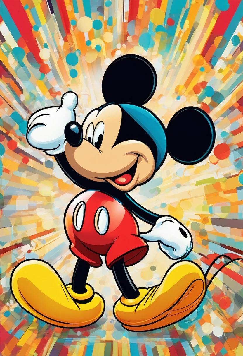 Create an iconic portrait of Mickey Mouse, the beloved cartoon character, in a bold and modern digital art style. Depict him in a classic pose, showcasing his cheerful personality and recognizable attire, set against a bright and contrasting background that makes him pop!