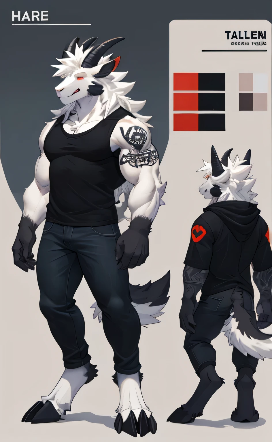 Azazel, A pure white"goat", full body, red eyes , tattoo on neck, grin, smuggle, jeans and black shirt. Anthropomorphic, furry character, "white goat" ,character design, goat character,cloven hoof, muscles, male, full body , simple foggy background , "white" long hair,tall, full body, ref sheet