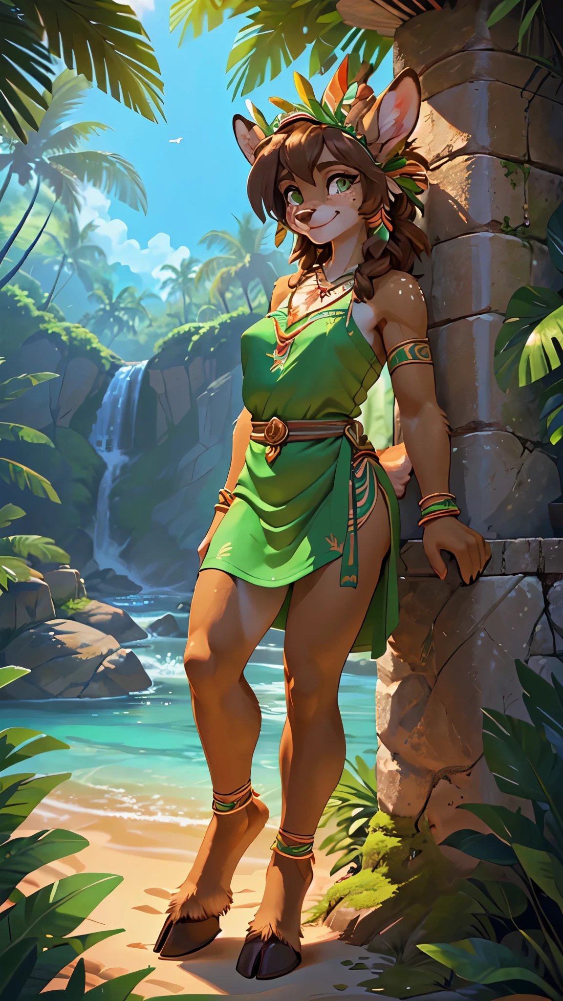 Ugga, muscular, short brown hair, hairband, body scars, brown eyes, dress, animal print, off shoulder, sleeveless, looking at viewer, serious, standing, hands on hips, jungle, lake, waterfall, blue sky, high quality, masterpiece, <lora:Ugga:.7>