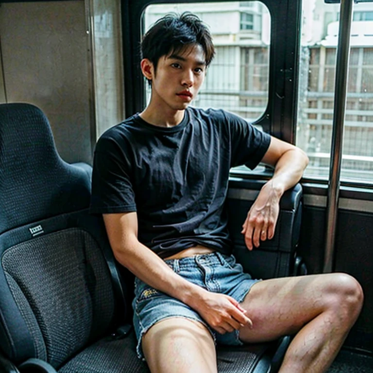 Skinny young asian man sitting in bus naked wanking and cumshot