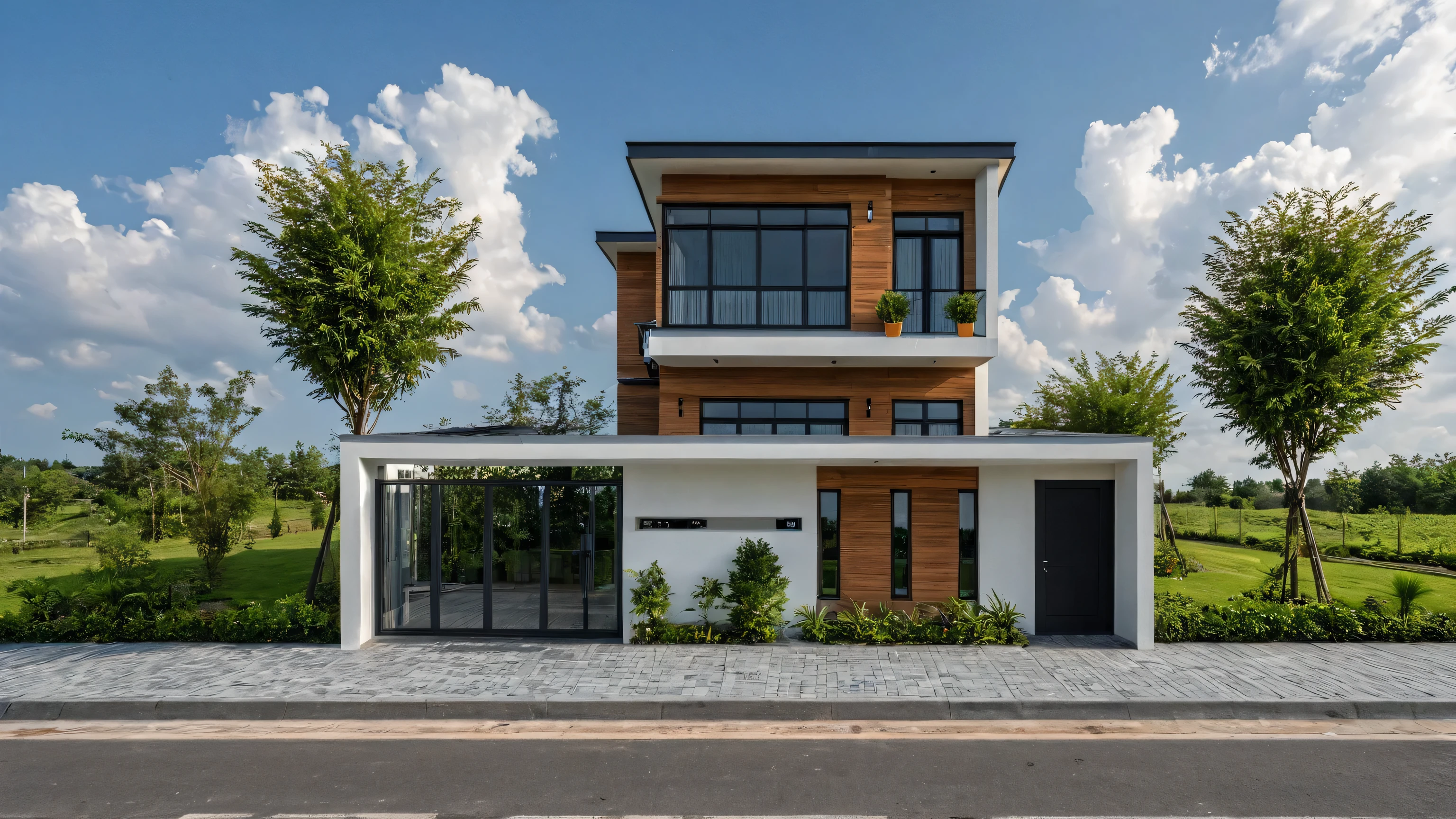 raw photo, Masterpiece, high quality, best quality, authentic, super detail, outdoors, onestoreyvillaXL, aiaigroup, house style modern on the street ,stairs, white wall ,road,pavement, grass, trees, sky, cloud, (daylight:1.1)
