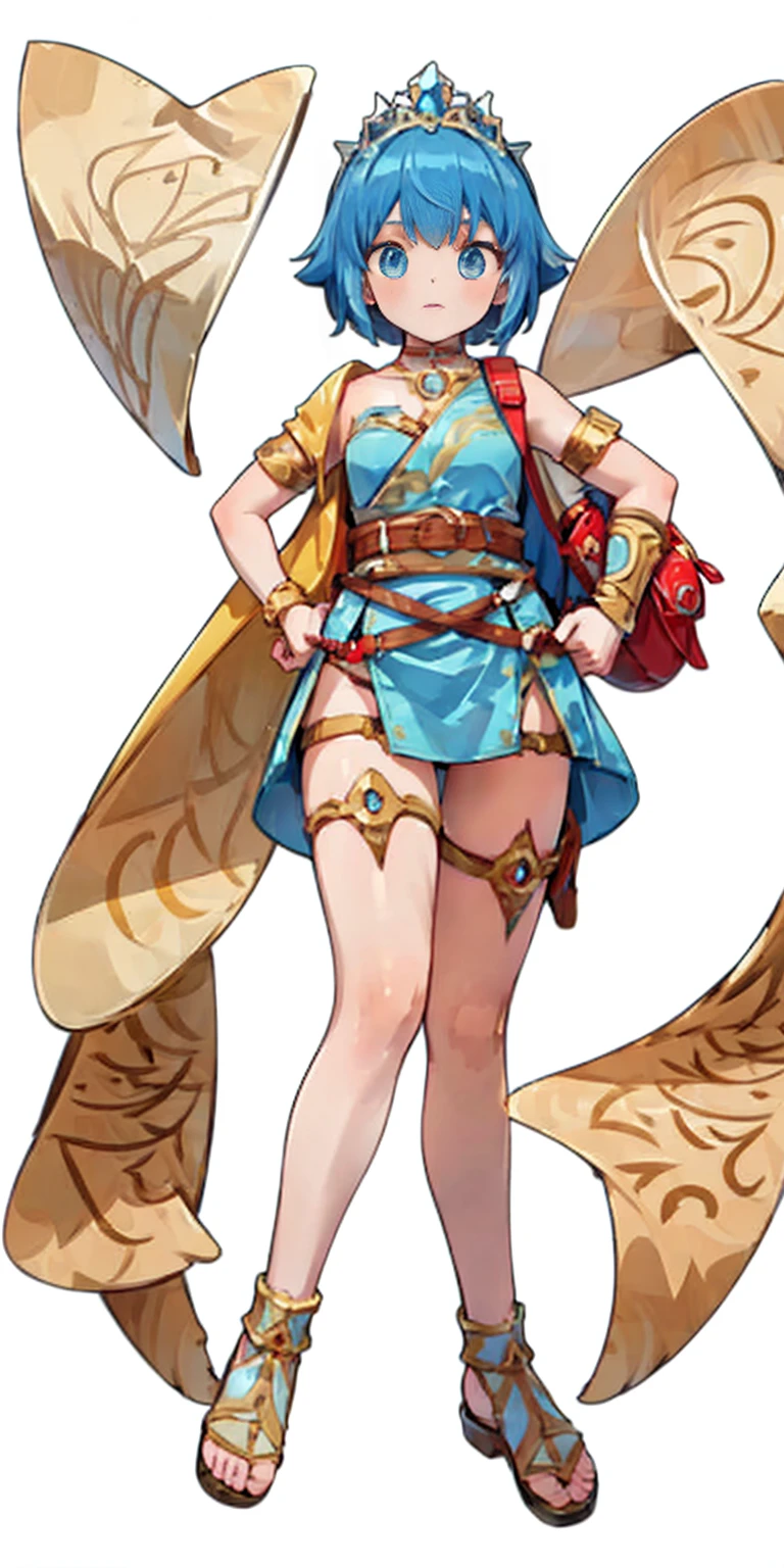 full body, whole body. 1solo (girl). slave fighter, loincloth standing, hands on hips, metal sandals, backpack, choker, big belt, view from below, feet together, bracers, tiara