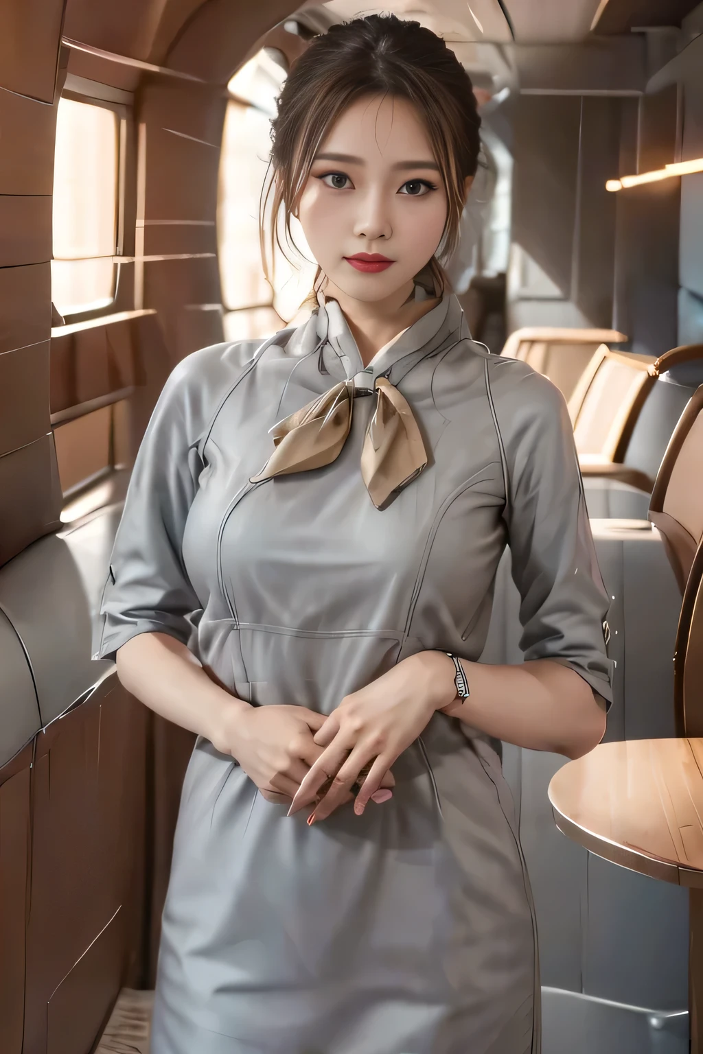 Starlux Airlines silver short sleeve uniform、Earrings、Captivating look、Long hair updo、Evening updo、Young Asian Woman