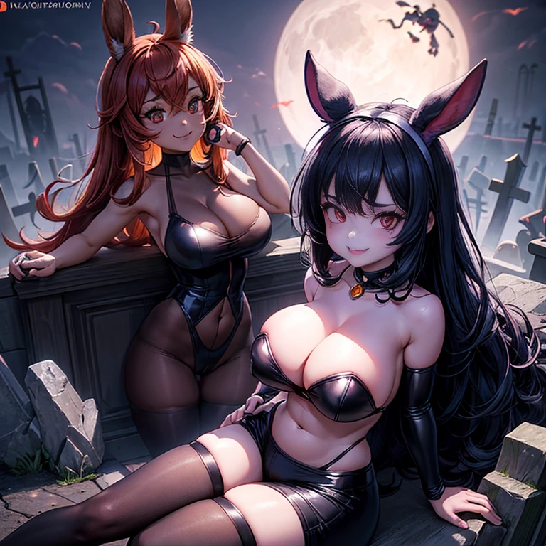 Contributor: Cherodoy,2 girls, Judy Hopps, Goth Costume , 月night、stockings, Sitting on a skeleton, Red eyes, Glowing Eyes, Grin, Skull retention, At the Cemetery, fog, night, (Detailed face, Fine grain)、Camel Toe、Giant tit、Nipple Puffs、Cleavage、Plump、Super big breasts、Super big butt