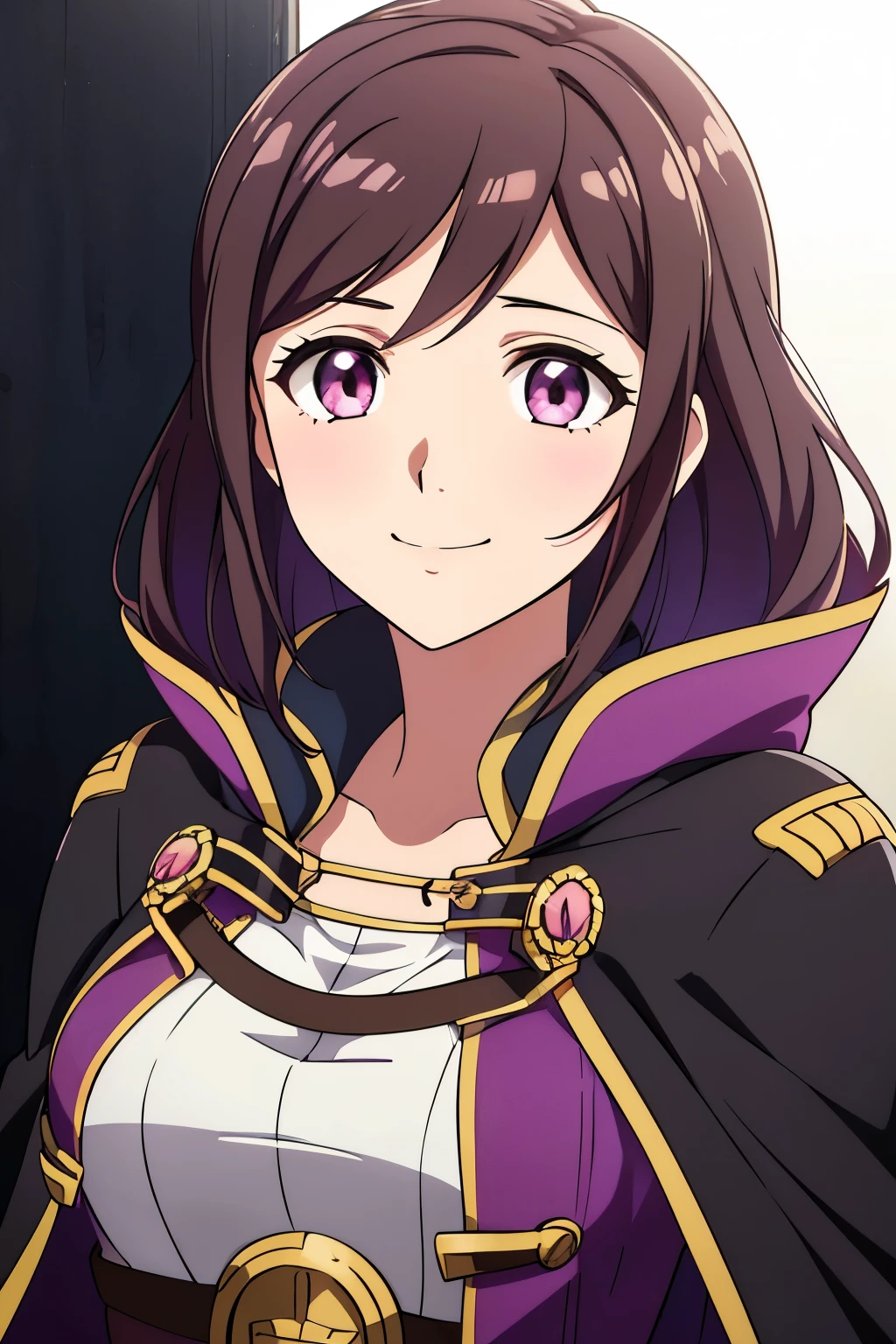 (high-quality, breathtaking),(expressive eyes, perfect face) 1girl, female, solo, portrait, Fire Emblem Awakening, Symmetrical Eyes, black background, Robin (Fire Emblem: Awakening), dark Brown hair color, short hair length, messy wavy hair, hair ornament, upper body, pink eyes, Black and purple cloak, gold trim, white shirt, brown belt, tomb, cute smile, detailed eyes, adorable face, short height, Grima, Tactician,
