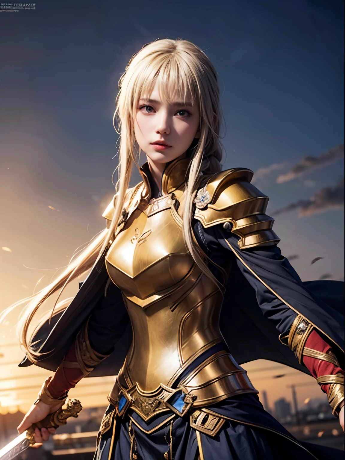 High resolution, Unity 8K Wallpaper,Long sword, (Beautiful fine details:1.16), Very detailedな顔、Alignment Night Alice 、Synthesis 30, Wielding the Holy Sword、bangs, blue eyes, Blonde, Hair between the eyes, Very long hair, Braiding, hair band, 白いhair band,Break Dresses, Cape, armor, Blue clothes, 肩armor, Gauntlet, Scapula, breastplate, armorを着たドレス, drop down, 青いCape, knight, Gold Armor, An undeniably cute girl、[3D Images:1.25],[[Attractive eyes,Detailed eyes、Colorful eyes、Shining Eyes:1.25]]、armor, highest quality, High resolution, Unity 8K Wallpaper, (figure:0.8), (Beautiful fine details:1.16), Very detailedな顔、Dress appropriately, Beautiful fingers,Ultra-precision、With the holy sword in hand，（8K，RAW Photos），（Best Quality），（Masterpiece Loose），（Realistic，）（写実的でRealistic），（High resolution），Hyper Detail，（Gentel Realism：1.1），Beautiful Face， （1 Female：1.1），High resolution), (8k), (Very detailed), (4K), (Pixiv), Perfect Face, Beautiful eyes and face, (highest quality), (Very detailed), Detailed face and eyes, (alone), Textured skin, Absurd, High resolution,