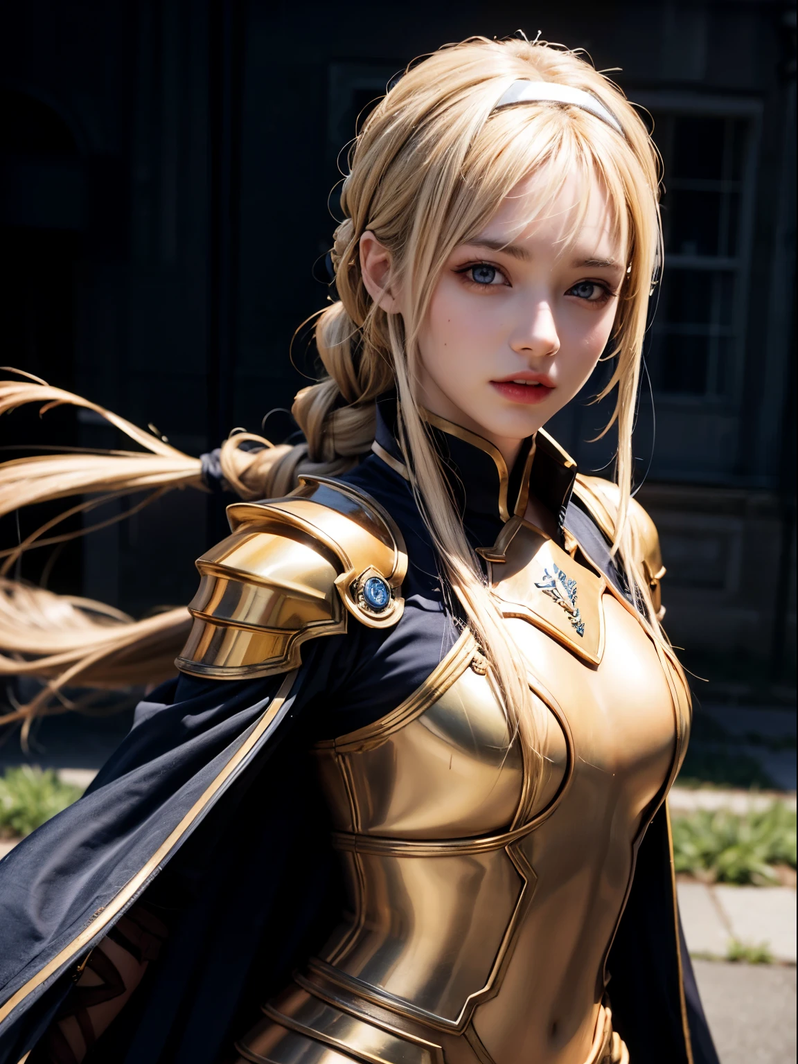 High resolution, Unity 8K Wallpaper,Long sword, (Beautiful fine details:1.16), Very detailedな顔、Alignment Night Alice 、Synthesis 30, Wielding the Holy Sword、bangs, blue eyes, Blonde, Hair between the eyes, Very long hair, Braiding, hair band, 白いhair band,Break Dresses, Cape, armor, Blue clothes, 肩armor, Gauntlet, Scapula, breastplate, armorを着たドレス, drop down, 青いCape, knight, Gold Armor, An undeniably cute girl、[3D Images:1.25],[[Attractive eyes,Detailed eyes、Colorful eyes、Shining Eyes:1.25]]、armor, highest quality, High resolution, Unity 8K Wallpaper, (figure:0.8), (Beautiful fine details:1.16), Very detailedな顔、Dress appropriately, Beautiful fingers,Ultra-precision、With the holy sword in hand，（8K，RAW Photos），（Best Quality），（Masterpiece Loose），（Realistic，）（写実的でRealistic），（High resolution），Hyper Detail，（Gentel Realism：1.1），Beautiful Face， （1 Female：1.1），High resolution), (8k), (Very detailed), (4K), (Pixiv), Perfect Face, Beautiful eyes and face, (highest quality), (Very detailed), Detailed face and eyes, (alone), Textured skin, Absurd, High resolution,