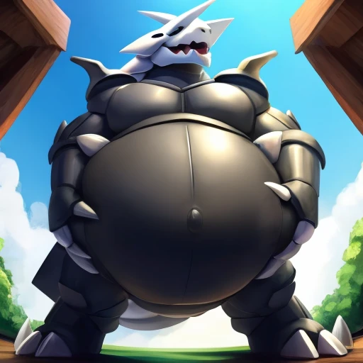 Pokemon aggron, vore, bulging belly, gurgle, hands on belly, low perspective 