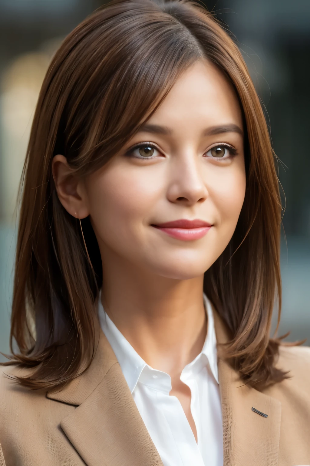Tabletop, highest quality, Realistic, Very detailed, finely, High resolution, 8k wallpaper, One beautiful woman, Light Brown Hair, Wear a business suit, Facing forward, Sharp focus, Perfect dynamic composition, Beautiful and detailed, Thinning hair, Detailed Realistic skin texture, smile, Close-up portrait, Model Body Type