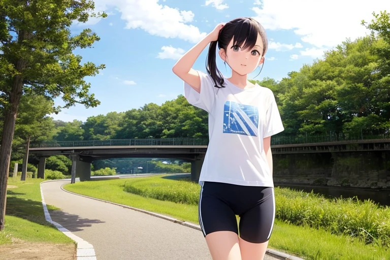 Small size t-shirt,One Girl,24-years-old,jogging,Tama River
