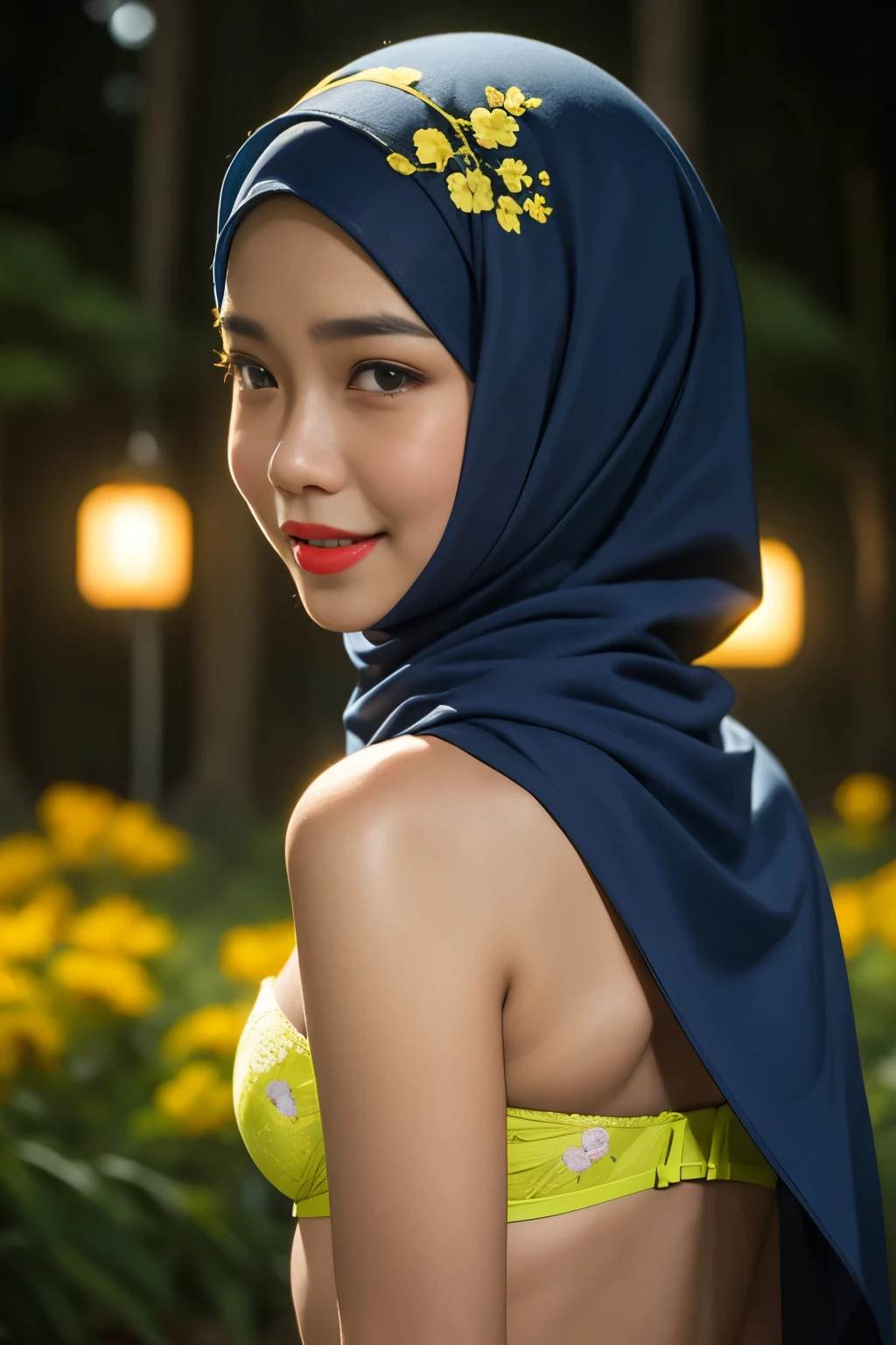 Lace, (Happy smile), (((HIJAB MALAY GIRL))), masutepiece, High quality, UHD 32K, Realistic face, Realistic skin feeling , A Japanese Lady, 8 years old, , Very cute and baby-like face, (((FLAT CHEST))), (Night time at forest), ((look In front at the camera and SADNESS)), (((FLUORESCENCE))), (((CUTE GIRL))), ((YELLOW LIPS)), ((Floral Pattern)) little wearing strapless bra, strapless colorful bra, dark night horror scary place (from behind up) seductive pose