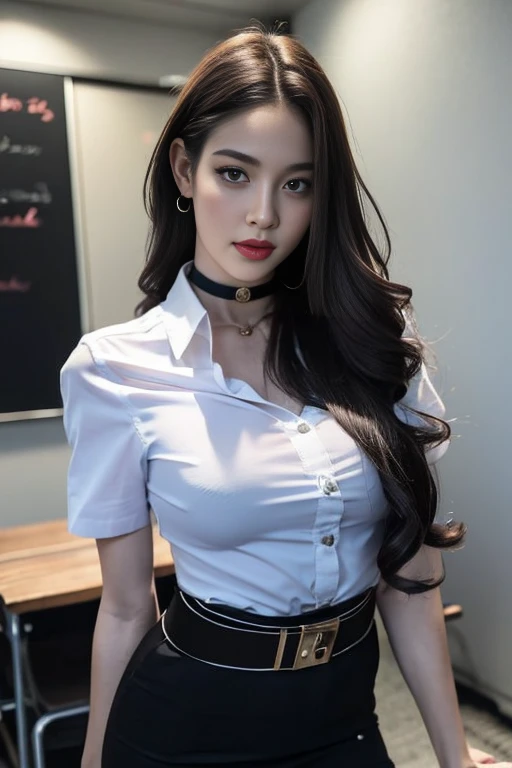 (Masterpiece, best quality, alone, รายละเอียดที่complicated, Chromatic aberration), realistic, ((Moderate breath)), hair in one eye,purple eyes, earring, sharp eyes, choker, (symmetrical eyes),(Perfect symmetrical body),Photo of a beautiful 22 year old girl,(fit the body), Beautiful and charming with contemporary fashion paintings as well....., looking at the audience, ((in the classroom background)), (1 Teen Girl),(black short skirt), (white short sleeve, Form fitting shirt., Unbuttoning the buttons, Revealing a little breast..), ((A short black pencil skirt with a deep slit on the side...)), sugar belt, ((Put your hands down.)),Blue blonde hair, Bob, long hair, Side flatness,(She wore a short-sleeved blue doctor&#39;s shirt over her.),Beautifully detailed lips, thin lips,Pinkish red lips,Long eyelashes,sharp eyeliner, Eye shadow blush with thick eyelashes, round chin, Art lens 85mm, Sharp focus, High resolution 8K, Crazy details, complicated, elegant,sitting on the study table Raise one leg higher than the other to eye level.., legs slightly apart., dynamic gesture,(((Cover with a green lab coat.:1.3)))
