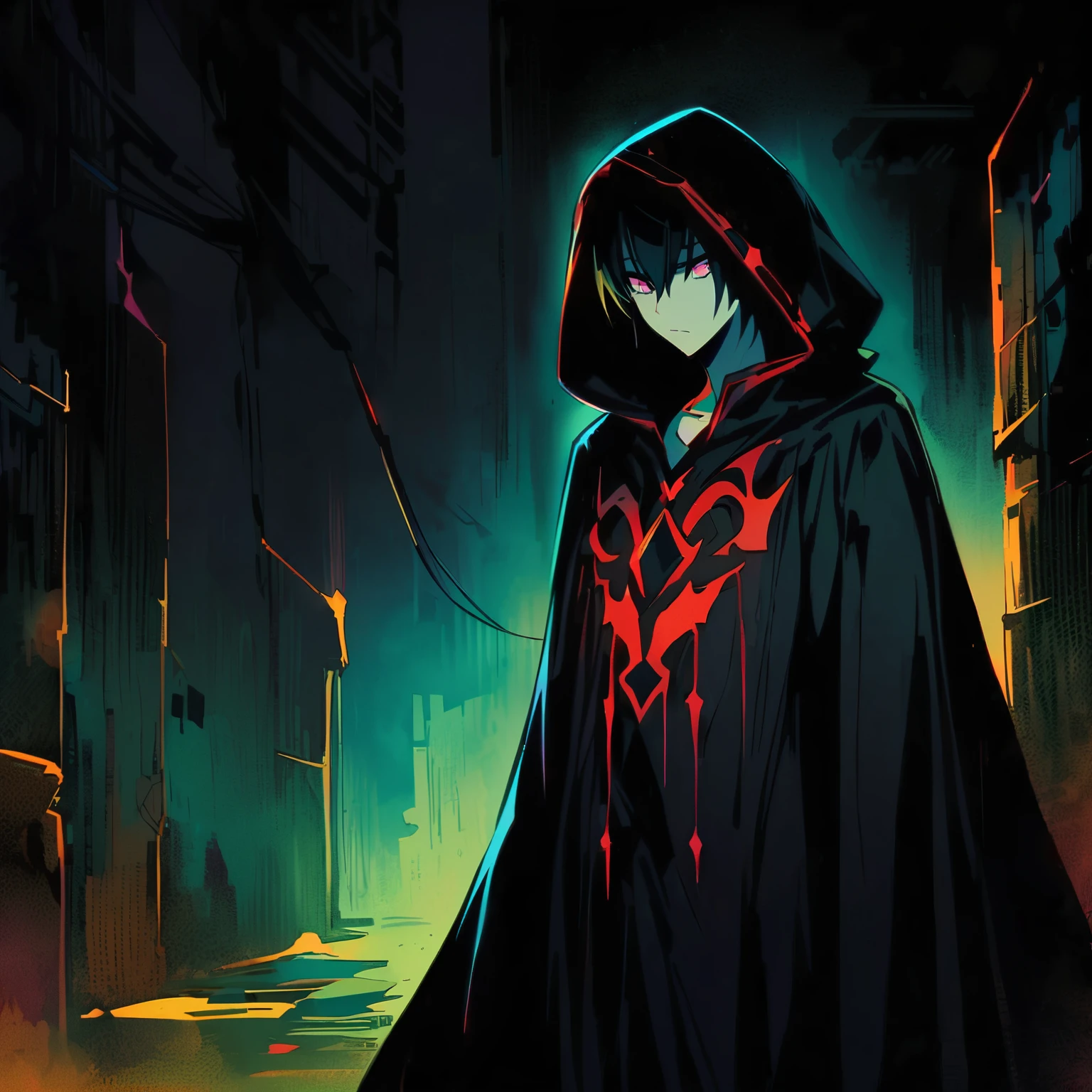 (Character Description:
A 19-year-old youth with a lightly defined face, black hair, and eyes.
Sporting a stern and questioning expression, with piercing gaze.
Clad in black attire, including a long black cape with a hood, currently hanging off his shoulders.
Setting:
He stands in a dimly lit, mysterious environment, possibly an extremely dark alleyway.
Pose and Action:
His head is slightly inclined, emphasizing his serious and questioning expression.
Additional Details:
The image should be captured from a distance that clearly shows the position of the hand.
Lighting should be sufficient to highlight the details of the black attire and cape, yet still create a dark and mysterious atmosphere.