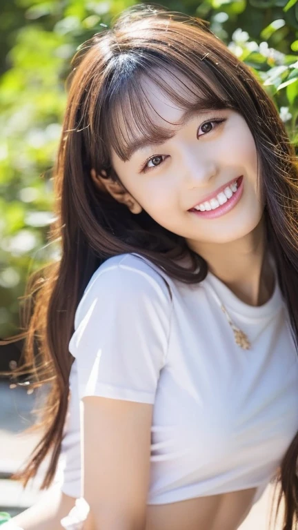 (Highest Resolution, 4K, masterpiece: 1.3), Japanese women, A photo of a woman, cute: 1.1, Beautiful Eyes,Symmetrical eyes,Big eyes, Slim figure, Realistic teeth, double eyelid, (whole body:1.3), highest quality, detailed, Long Hair, Holding hair fluttering in the wind with your hands:1.2、((White T-shirt))、((bikini)), Beach,Beauty、cute、Laughter、((whole body、Slim legs:1.3))