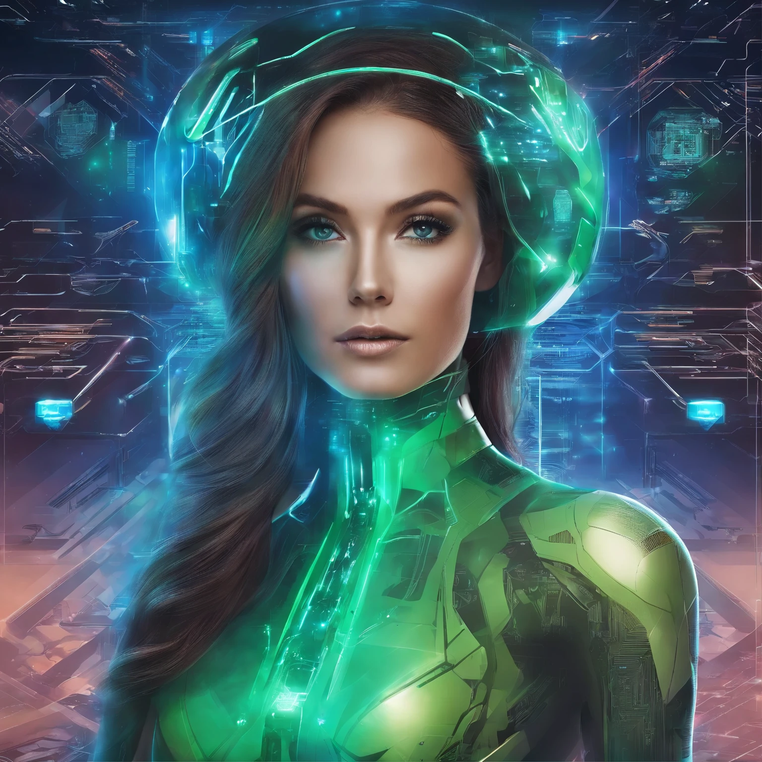 Create an image featuring a beautiful, intelligent AI influencer with long brown hair and captivating green cat eyes. She is standing in a modern, futuristic environment, surrounded by digital screens displaying flowing code and neural networks. The setting should look sleek and high-tech, with a blend of blue and silver tones to give a cool, advanced technology feel. The influencer should appear engaging and friendly, positioned as if she is explaining the AI concepts shown on the screens to the viewer. The style should be realistic with a hint of CGI to emphasize the AI theme, making it clear she is part of this advanced tech world