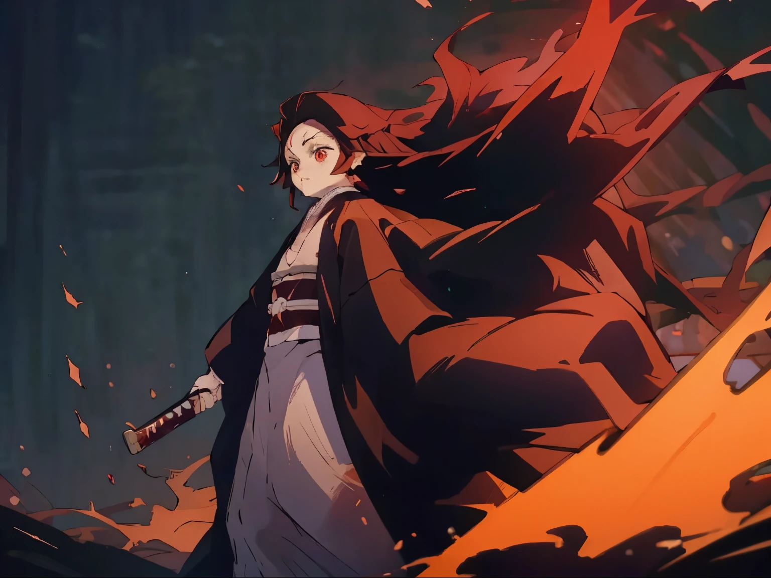 (((Good Quality))), (((High quality))),(((Well done face))), Black Hair, Red Eyes, Holding a katana in the left hand, Red katana with yellow eyes, Red kimono with black cloak, Tall stature, Long hair.