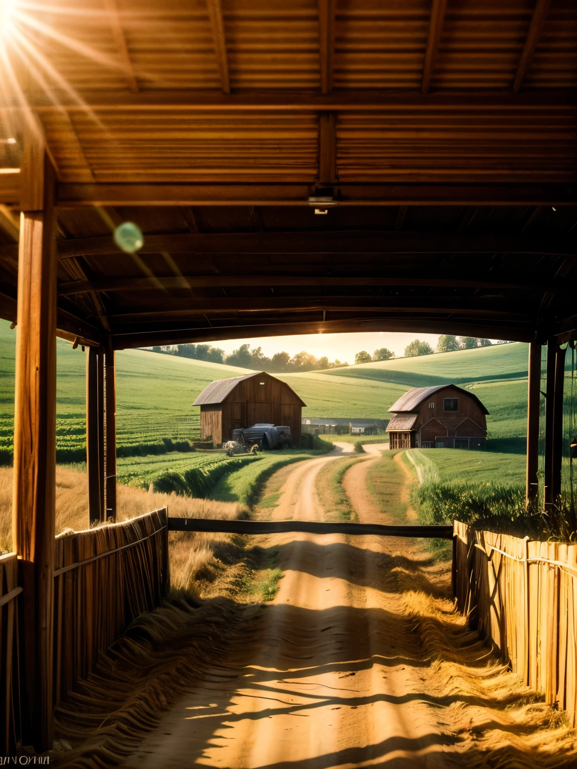 hyper realistic image of a dirt road leading up to a farm house, crops on the left, a barn on the right, tractor, bales of hay, fill frame, front view, pov from car dashboard, highly detailed, intricate details, sharp focus, soft lighting
