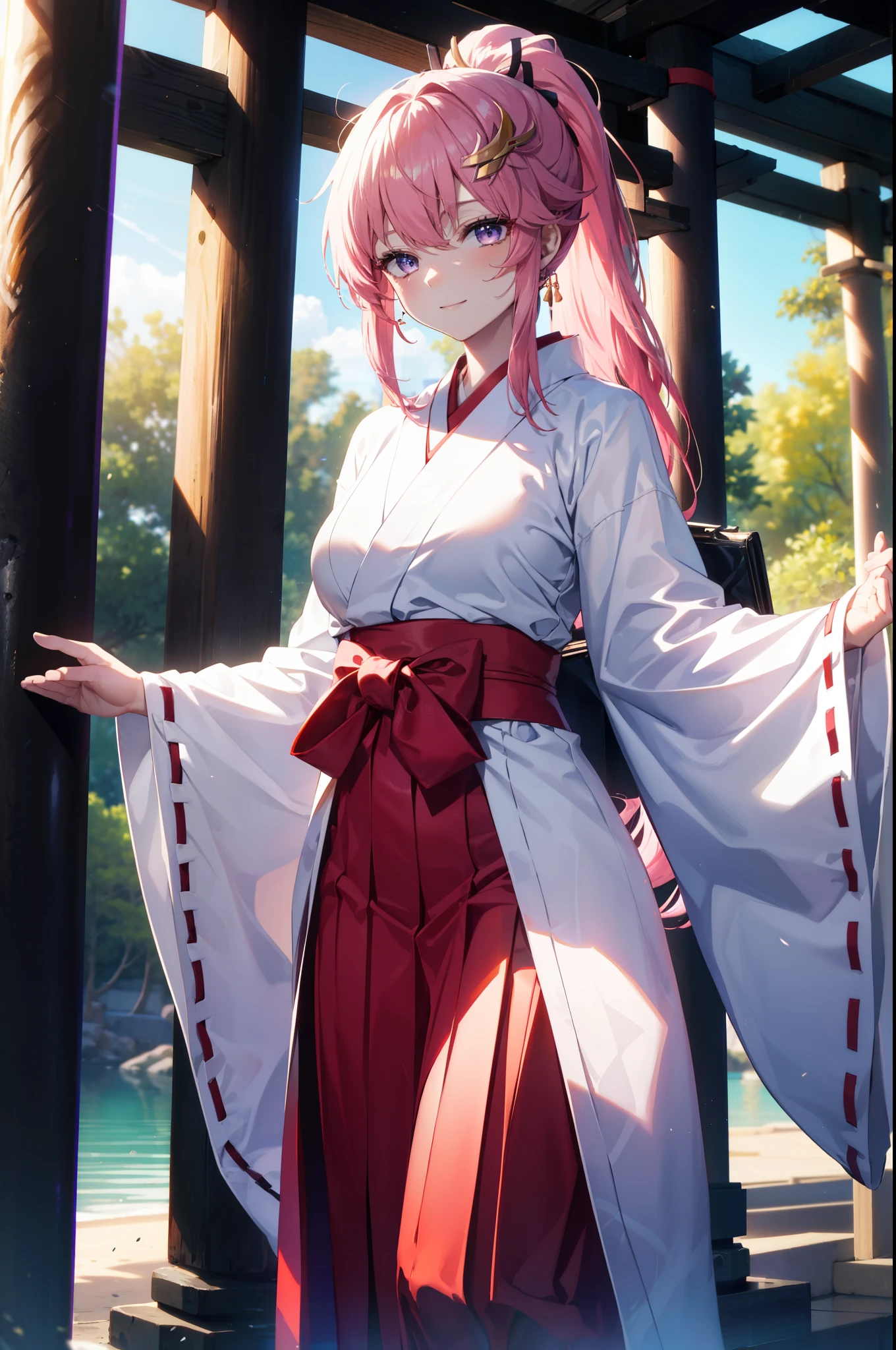 Lacas Klein, Klein Lake, (Purple eyes:1.1), hair ornaments, Long Hair, wave hair ornaments, Pink Hair, smile,Platycodon grandiflorum,Miko, White Kimono,Red Hakama ,White tabi,Sandals,kimono, As with the skirt, Wide sleeves, Long sleeve,Ribbon-trimmed sleeves, Low ponytail, Daytime,Clear skies,
Watching the audience, Are standing,
break looking at viewer, (Cowboy Shot:1.5),
break outdoors,shrine,torii,
break (masterpiece:1.2), highest quality, High resolution, unity 8k wallpaper, (figure:0.8), (Beautiful fine details:1.6), Highly detailed face, Perfect lighting, Highly detailed CG, (Perfect hands, Perfect Anatomy),