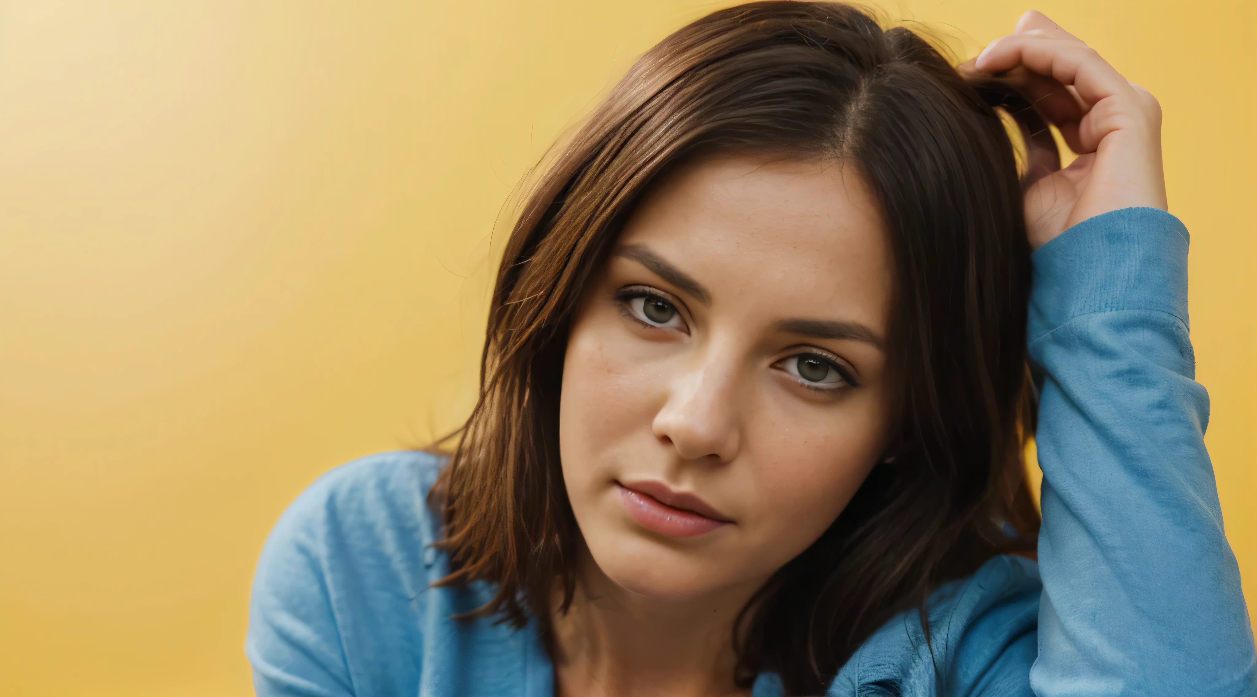 Beautiful 30 year old woman, wearing blue clothes, yellow background. holding head. sick expression.photo realistic. super sharp, detailed, ultra high resolution, 8k images. AI generated