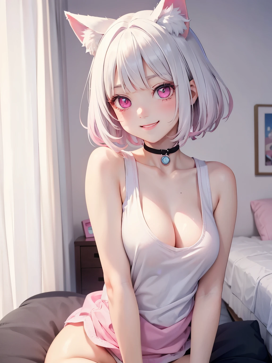 White hair. Short hair. Inner pink hair. Anime girl. Pink eyes. Glowing eyes. Nekomimi. Smiling. Tanktop. Small breast.