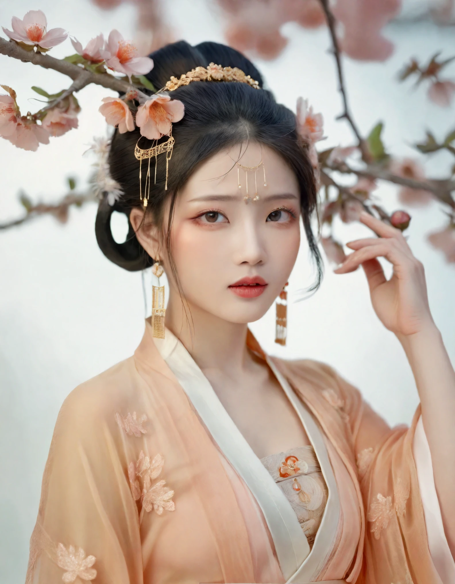 The image, imbued with a film grain texture,The full-body photograph captures an East Asian woman in ancient Chinese attire, exuding an ethereal presence. She is adorned with a peach blossom hair accessory, complementing her delicate makeup and porcelain-like skin. Her expressive eyes and serene gaze convey a sense of tranquility. A gentle breeze playfully animates her hair, adding a dynamic touch to the image. She is draped in sheer fabric with intricate gold and orange patterns, further adorned with fine jewelry that accentuates her elegance. The soft, diffused lighting and the neutral background focus on her grace and the intricate details of her attire, telling a story of cultural heritage and timeless beauty. This photograph stands as a remarkable representation of traditional fashion photography, celebrating both the aesthetic and the narrative power of the image.