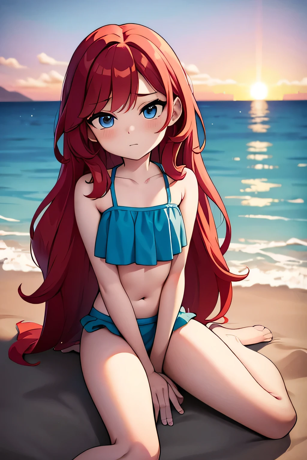 ruby 1 girl, Teenage, Long Red hair, Medium Hair, Blue eyes, bare shoulders, medium breast, aqua ruffle crop top, mermaid’s tail, mermaid sitting on the beach, over the sea, beautiful purple sunset at beach, Sexy, masterpiece, High quality. 2D illustration, 2D flat, sit down, Masterpiece, 8K, HDR, portrait, 