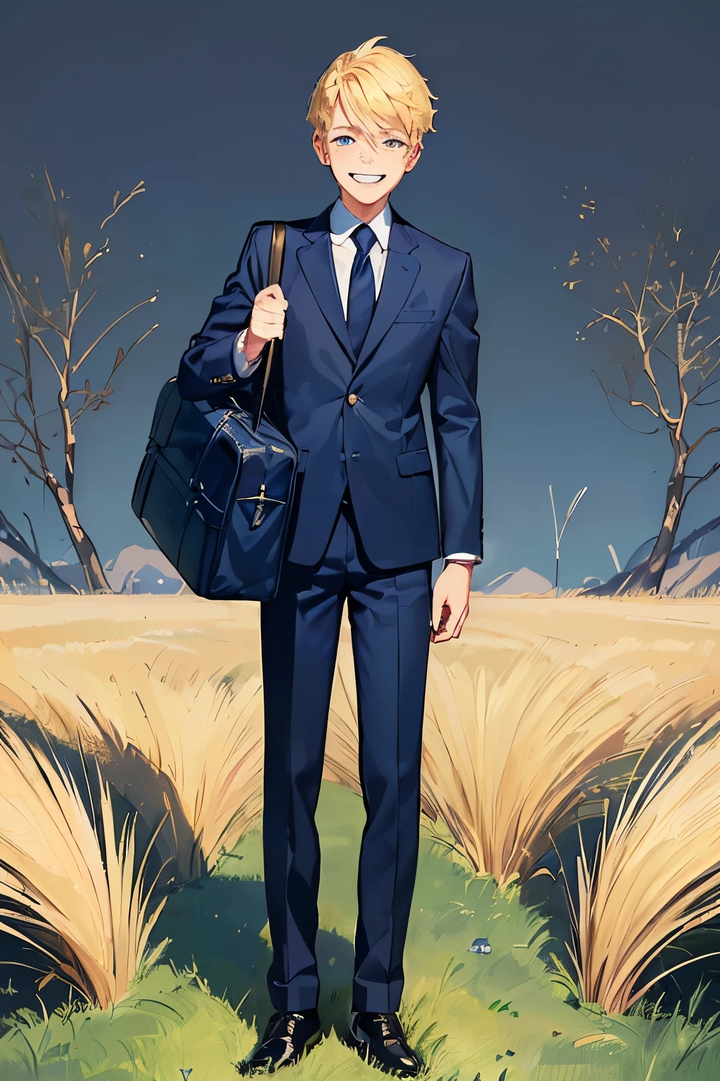 ((best quality)), ((masterpiece)), ((detailed)), (((perfect face))), (((14yo teen boy in navy blue suit))), (((blonde hair))), (((looking at viewer))), (((laughing))), (((standing))) (((big wide eyes))), (((blank background))), (((whole body))), (((grass field))), (((black shoes))), (((school bag)))