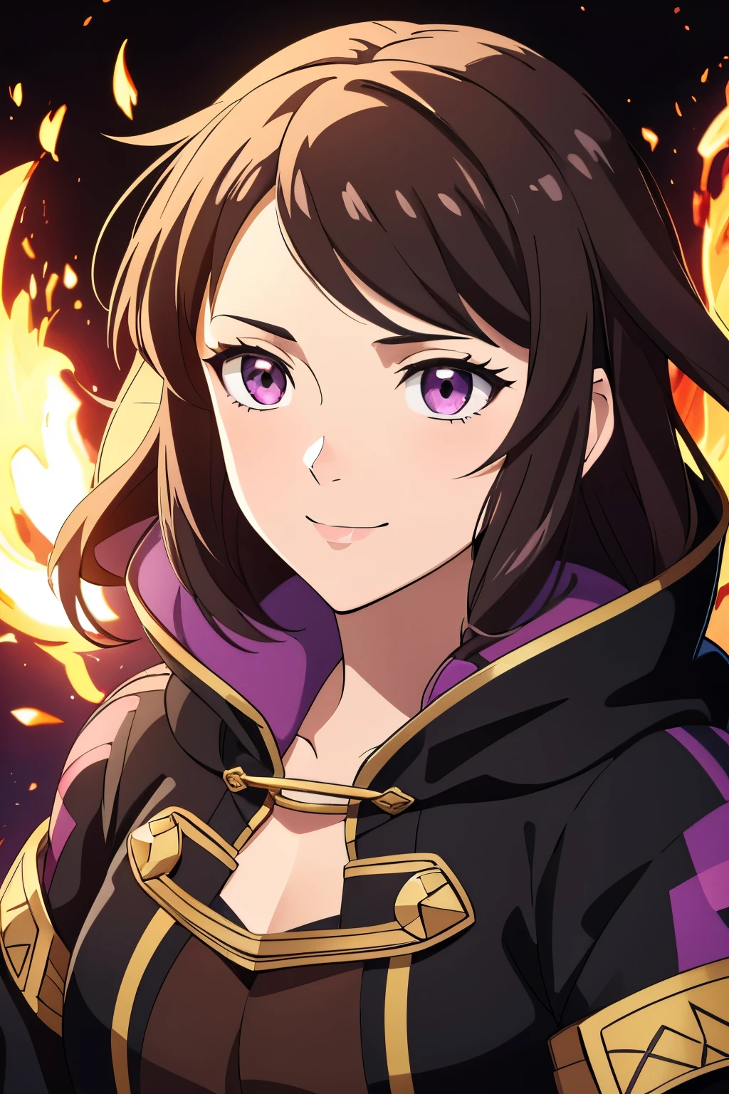 (high-quality, breathtaking),(expressive eyes, perfect face) 1girl, female, solo, portrait, Fire Emblem Awakening, Symmetrical Eyes, black background, Robin (Fire Emblem: Awakening), dark Brown hair color, short hair length, messy wavy hair, hair ornament, upper body, pink eyes, Black and purple cloak, gold trim, black shirt, brown belt, tomb, cute smile, detailed eyes, adorable face, short height, Grima, Tactician,
