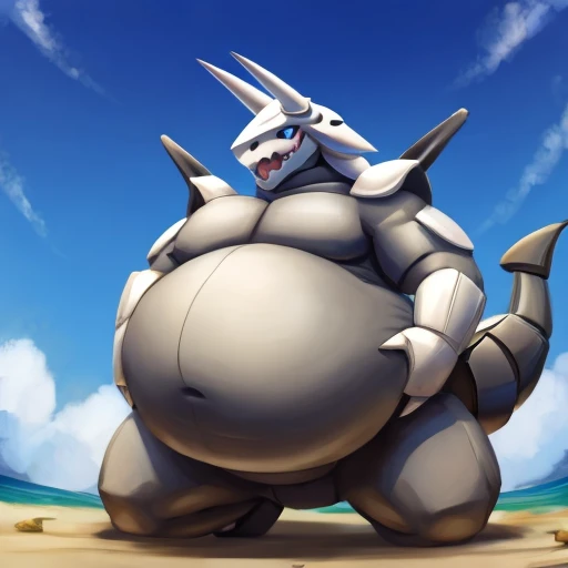 Pokemon aggron, vore, squirming belly, obese bulging belly, gurgle, hands on belly, low perspective 