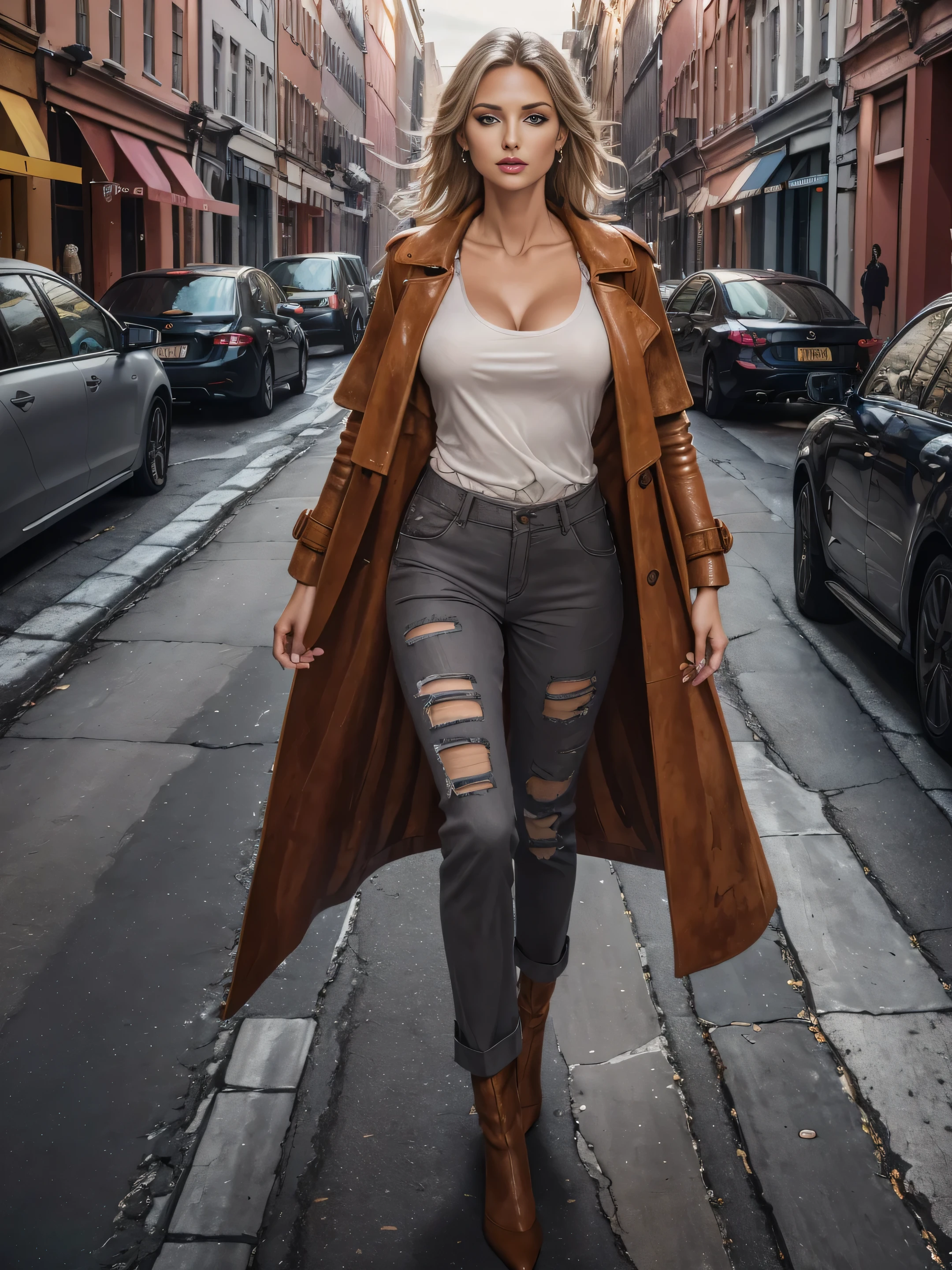 RAW photo, 8K photo of a beautiful woman, (breasts), (high detailed skin:1.2), 8k uhd, dslr, soft lighting, high quality, film grain, Fujifilm XT3, deconstructed vibrant pastel trench coat with assymmetrical cuts and a patchwork of suede and leather materials, soft color straight-fit trousers and a grey tee, leather high heels