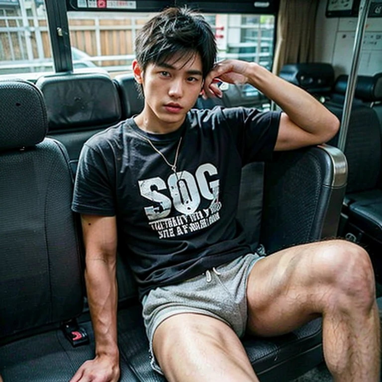 hairy legs, two block, long legs, Male, 27 years old, Japanese, wearing sexy shorts, wearing a sexy thigh t-shirt, very short hair, black hair, Riding a bus, sitting on the seat, masculine boy , bodybuilder, sexy boy