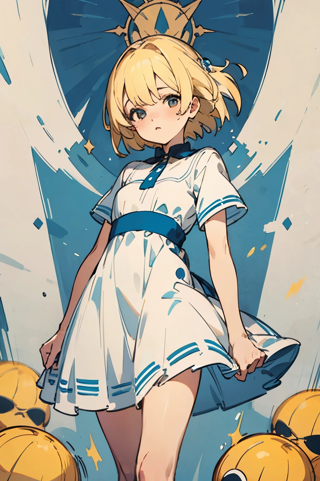 chica rubia de ojos azules con vestido blanco