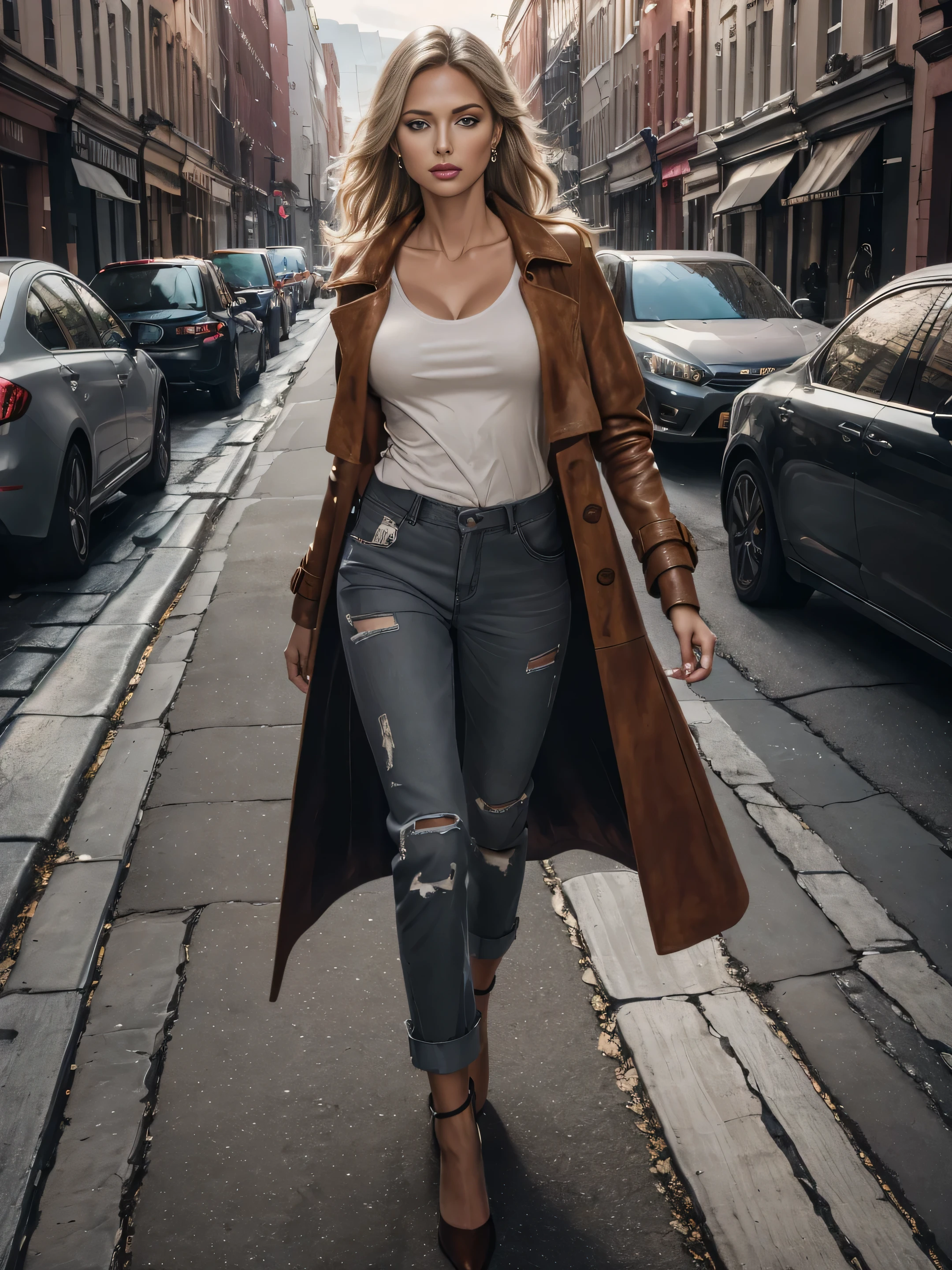 RAW photo, 8K photo of a beautiful woman, (breasts), (high detailed skin:1.2), 8k uhd, dslr, soft lighting, high quality, film grain, Fujifilm XT3, deconstructed vibrant pastel trench coat with assymmetrical cuts and a patchwork of suede and leather materials, soft color straight-fit trousers and a grey tee, leather high heels