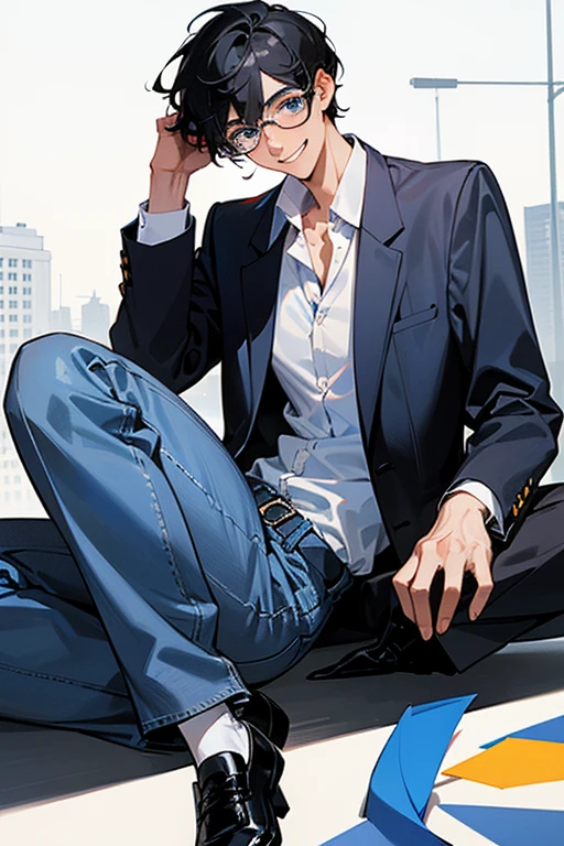 • 4196307501 a teacher male gender,
-description: Black hair, Blue eyes With glasses,(1,80 cm tall), 32 years old, sarcastic smile,
-wearing: White shirt, blue jeans, Black shoes,
-background: school building, in the background,