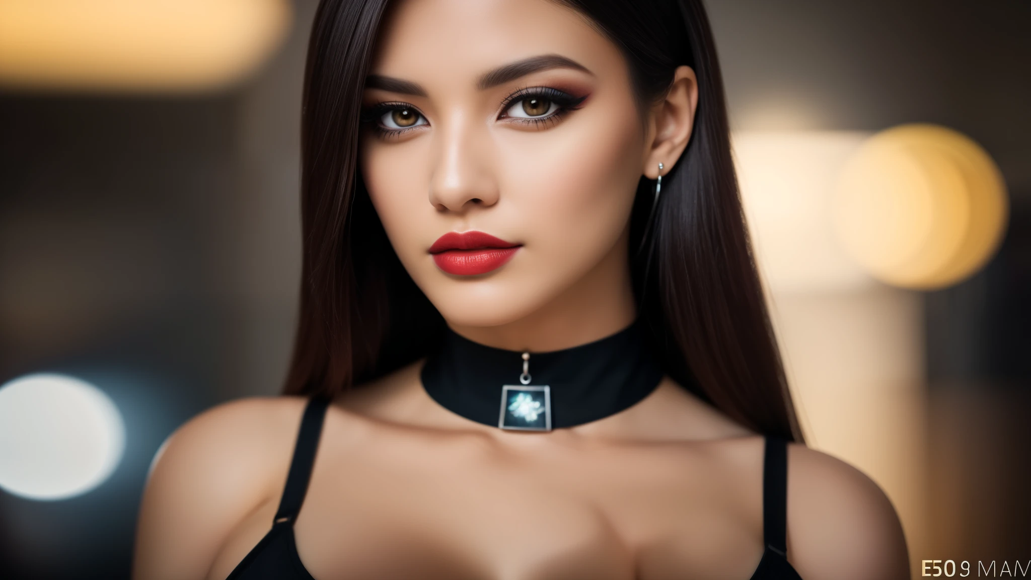 tmasterpiece,best qualtiy,hdr, hyper HD, 8K,Bokeh,Ultra-fine painting,Sharp focus,Physically-based rendering,Extreme detail description, half-body photo，looking at viewer, choker, dark eyeshadow:1.5, (red lipstick:0.9), (big breasts:1.3), (EOS R8, 50 millimeters, F1.2, 8K, RAW photo:1.2)