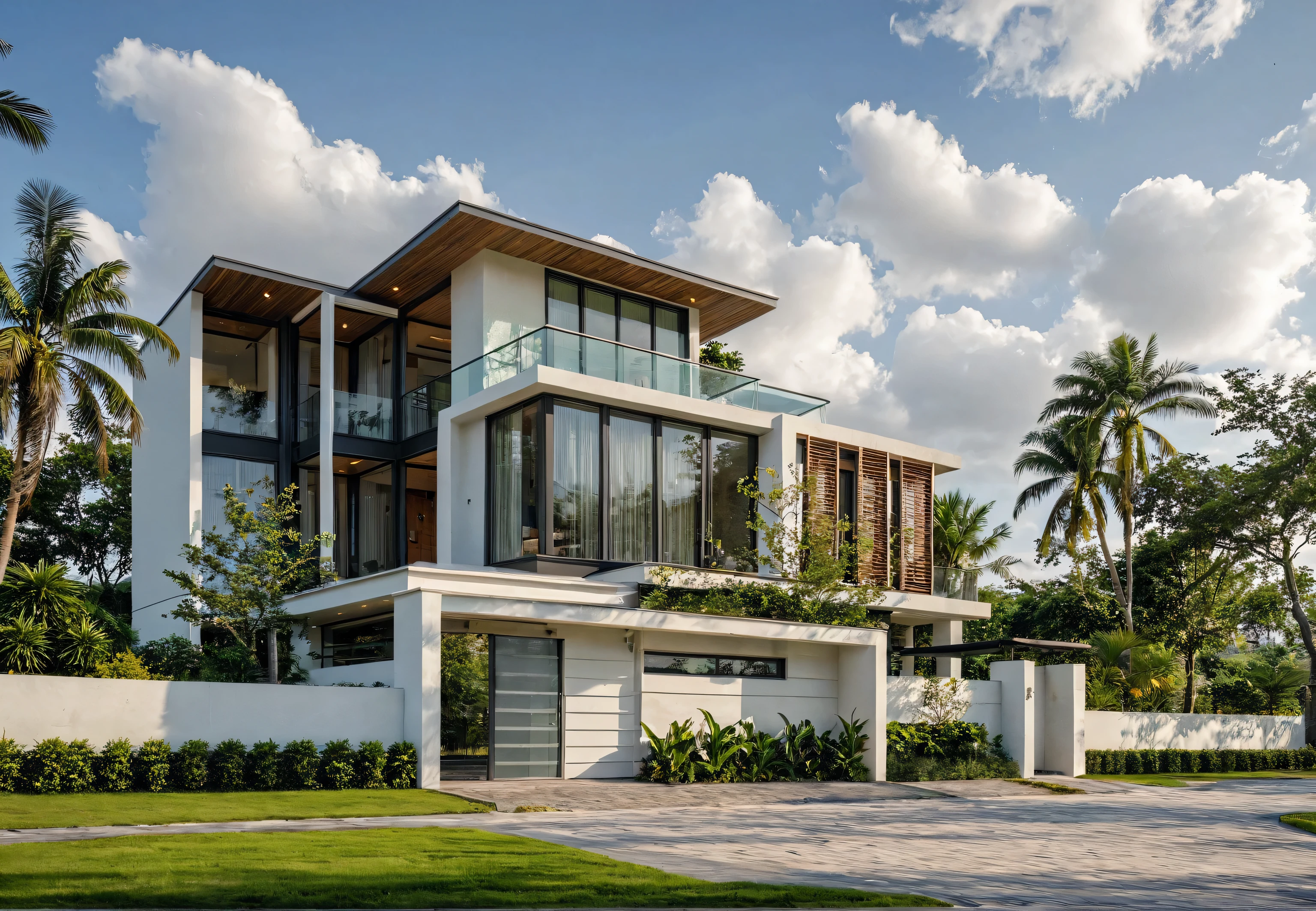 Masterpiece, high quality, best quality, authentic, super detail, outdoors, onestoreyvillaXL, aiaigroup, house style modern on the street ,stairs, white wall ,road,pavement, grass, trees, sky, cloud, (daylight:1.1)
