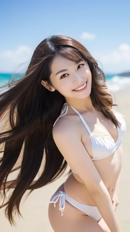(Highest Resolution, 4K, masterpiece: 1.3), Japanese women, A photo of a woman, cute: 1.1, Beautiful Eyes,Symmetrical eyes,Big eyes, Slim figure, Realistic teeth, double eyelid, (whole body:1.3), highest quality, detailed, Long Hair, (Holding hair fluttering in the wind with your hands:1.2)、((White Bikini)), Beach,Beauty、cute、Laughter、((whole body、Slim legs:1.3))