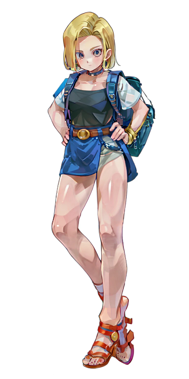 Android 18 from DBZ, 30 y.o. woman, full body, whole body. 1solo (girl). slave fighter, loincloth standing, hands on hips, metal sandals, backpack, choker, big belt, view from below, feet together, bracers, tiara