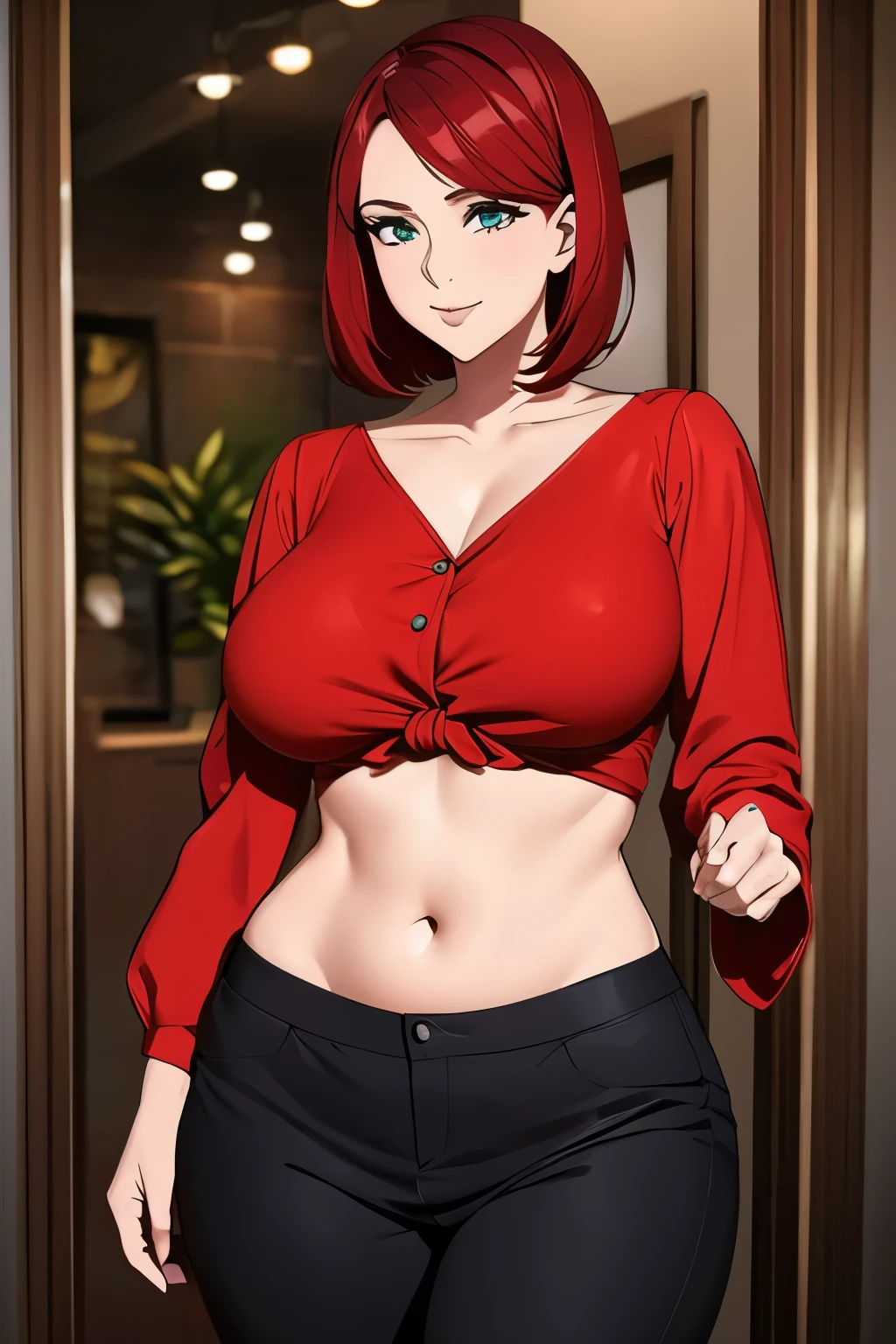 A tall woman is sexy, attractive, beautiful, striking, big breast, short red hair, her brown eye, and she dresses in a turquoise blouse, metallic button, tied knot, long sleeves, hand showing, navel, and dark black pants. 