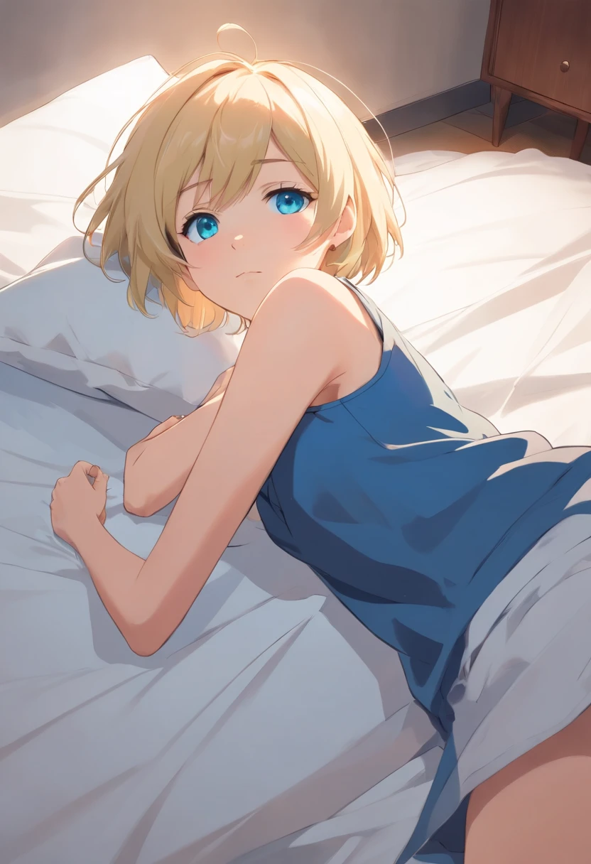  Women, ((Blonde)), ((Blue eyes)), ((Short hair)), ((Full Body)), lying with half her body covered only by a sheet