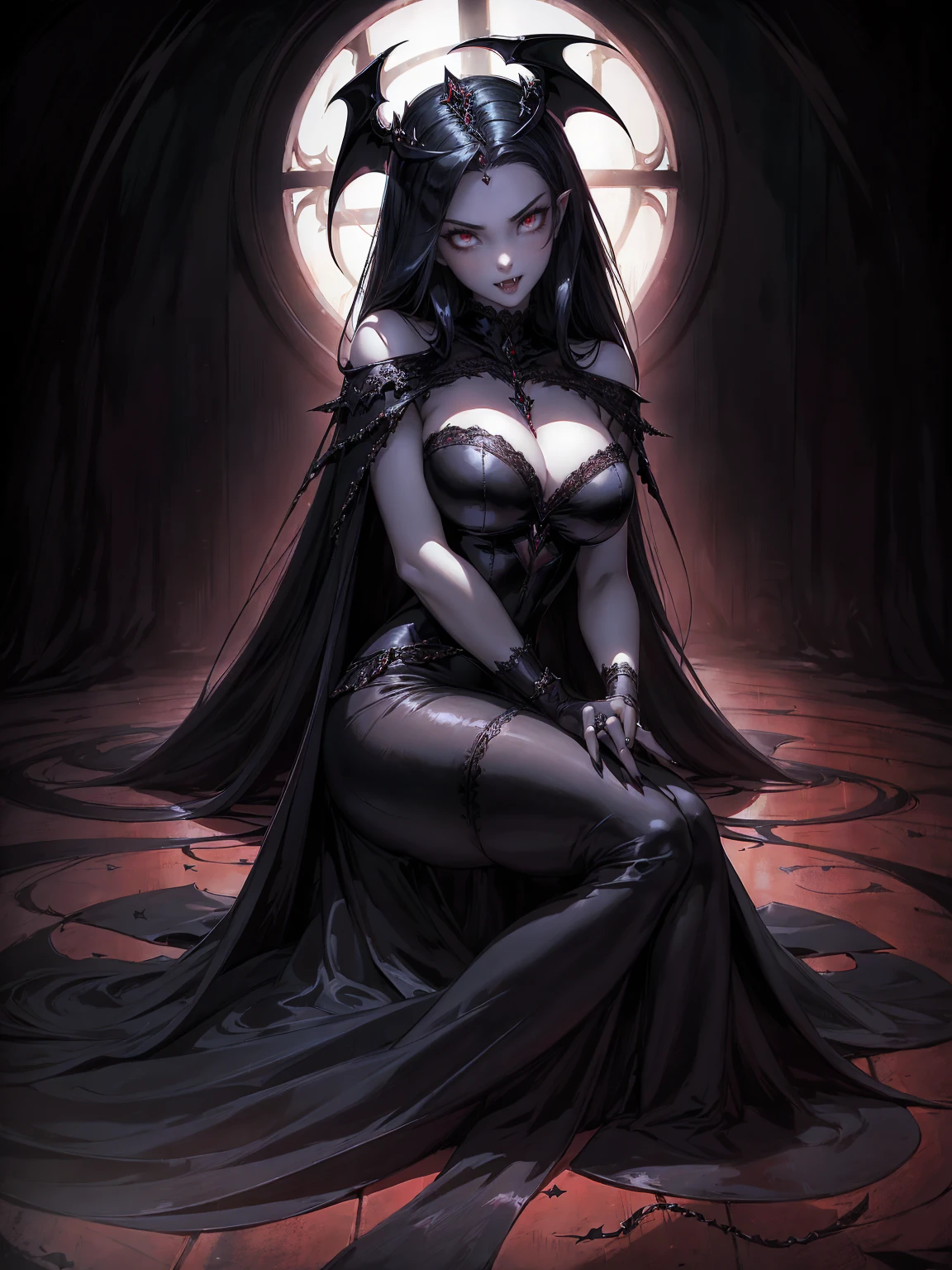 absurdres, ((stunning female Vampire))), goth Renaissance, (long black hair:1.erfect and detailed angular sharp oval shaped face, ((redeyes)), jewelry, red and black tetradic colors, full lips, gothic castle background, (solo), perfect anatomy, approaching perfection, ethereal, intricate details, ultra-high definition, 12k resolution, goth aesthetic, smooth, sharp focus, dreamy, glowing, backlit, glamour, glimmer, fantastical, shadows, smooth, Gothic crown, sitting on the ground, backwards, looking back