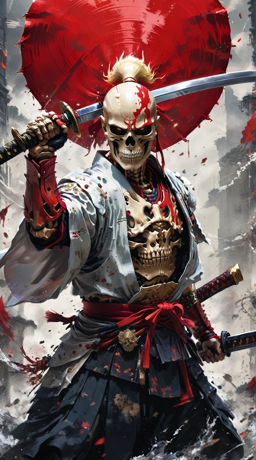 Create a hyper-detailed 4K resolution digital artwork featuring a skeletal warrior in a samurai-style red suit. The artwork should depict a determined face portrait of the warrior at street level. The lighting should be dynamic, highlighting the intricate details of the character. The overall style should resemble splash art with triadic colors and deep color tones. The artwork should have a storybook style with muted colors. The warrior should have no hair. Please recommend the best camera model and lens for capturing the artwork.