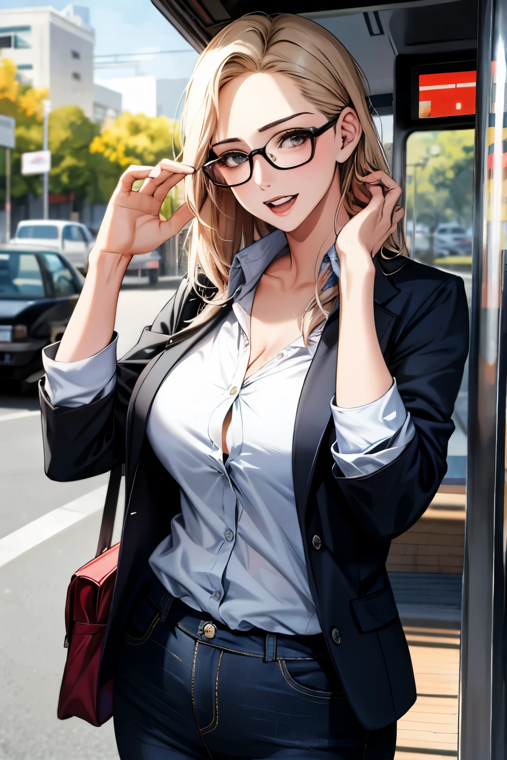 Australian sexy girl, (36 years old), in the bus stop, summer, glasses, busty, looking from front, attractive expression, (masterpiece, best quality, extremely detailed, hyper realistic)