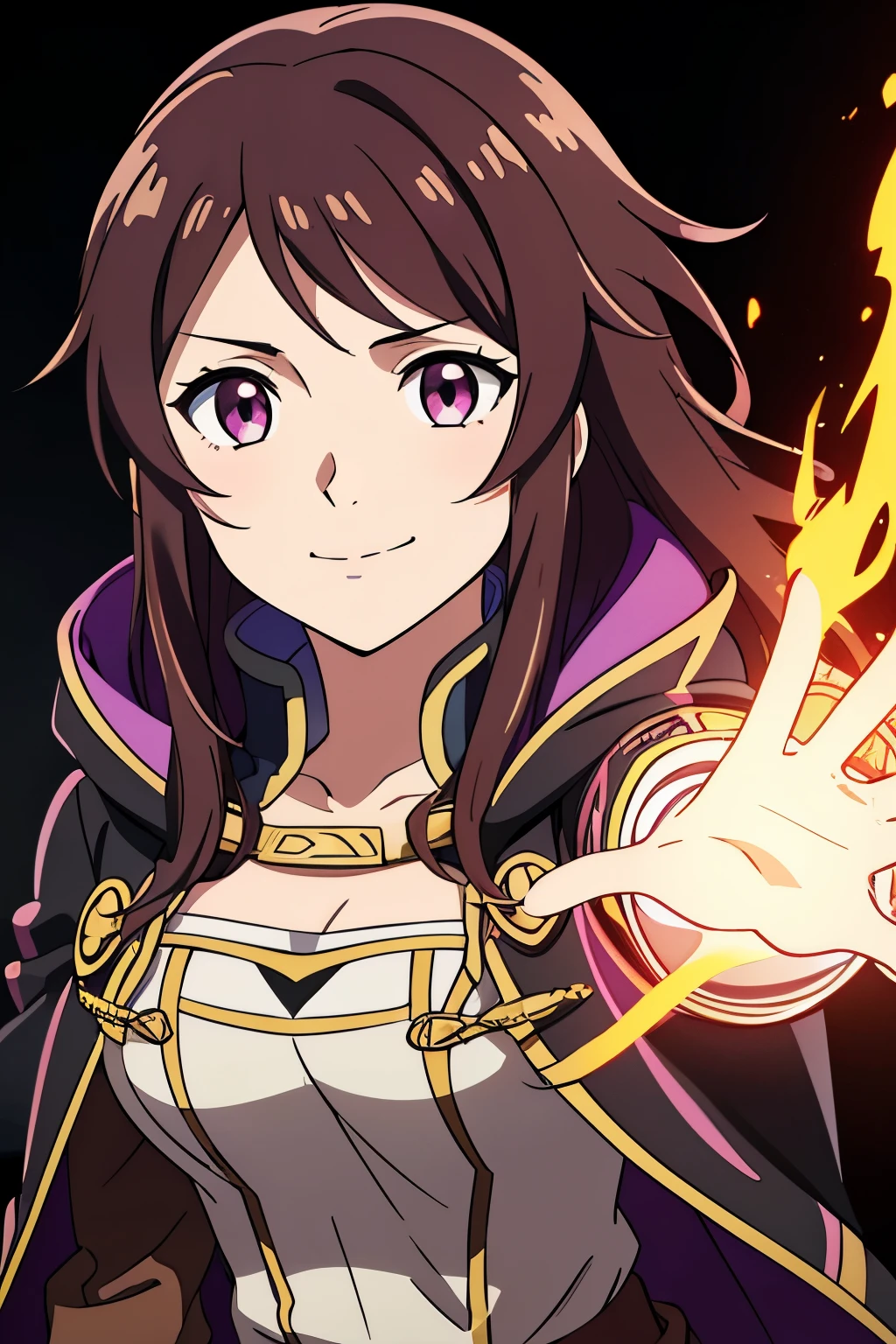 (high-quality, breathtaking),(expressive eyes, perfect face) 1girl, female, solo, portrait, Fire Emblem Awakening, Symmetrical Eyes, black background, Robin (Fire Emblem: Awakening), dark Brown hair color, short hair length, messy wavy hair, hair ornament, upper body, pink eyes, Black and purple cloak, gold trim, white shirt, brown belt, tomb, cute smile, detailed eyes, adorable face, short height, Grima, Tactician,
