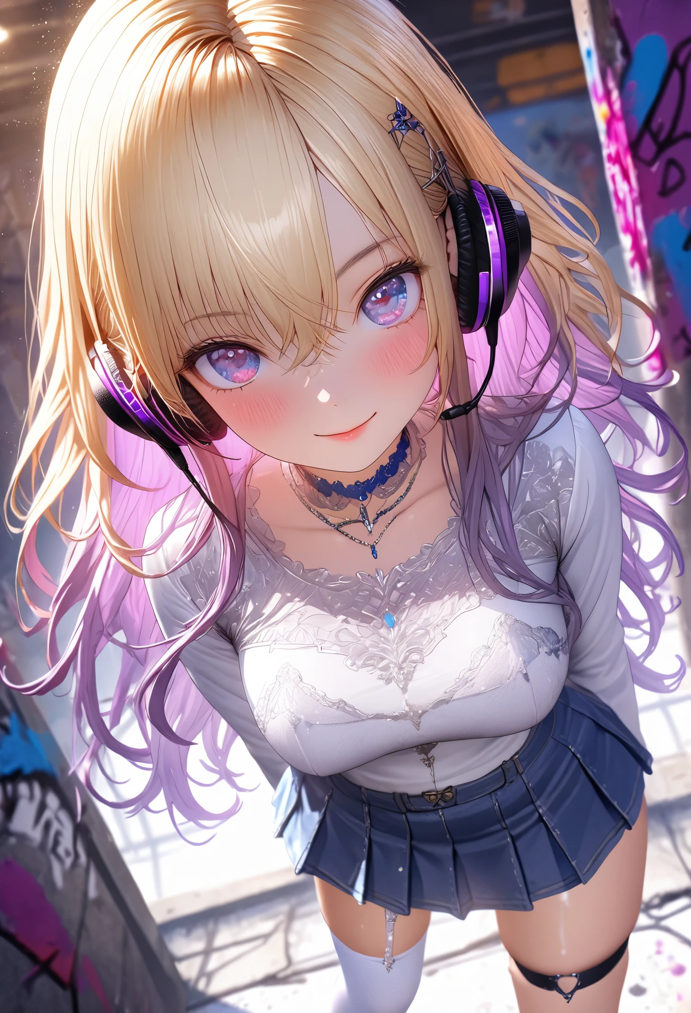 (8k、masterpiece、highest quality、Highest Level、Best image quality、Pieces fly、Intricate details、High resolution、Depth Field、Natural light、Professional Lighting)、(A girly girl)、alone、(cute:1.2)、Very beautiful 20 year old manga girl、(Skin with attention to detail: 1.2)、Photorealistic Anime Girl Rendering、Realistic anime 3D style、Beautiful bright purple long hair、強烈なRed eyes、Strong eye highlights、Very large breasts、Perfect Anatomy、((Cat ear、White jacket、Wearing white lingerie、blue denim mini skirt))、Decorative choker、Metal Accessories、Put your hands behind your back、Beautiful long hair、Crossed bangs、Asymmetrical bangs、Bobcut、Stick out your ears、eyelash、Red eyes、A very mysterious smile、Charm、(Sophisticated headphones)、A body made shiny with oil、Mini skirt with lace embellishment、(graffiti:1.3)、Place your hands behind your back、Against the wall、When I look through the viewfinder、bracelet、Thigh straps、Tilt your head、Blonde、Iris Blue Eyes、(A body made shiny with oil)、Complex clothing、Intricate details、Angle from the feet、Angle from below、Angle looking up from below、