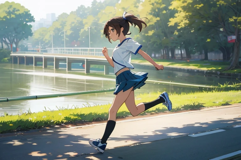 Small size t-shirt,One Girl,jogging,Tama River,Young Anime Girl, Beautiful Anime Girls, Beautiful anime school girl, Cute Anime Girl,Photorealistic Animation