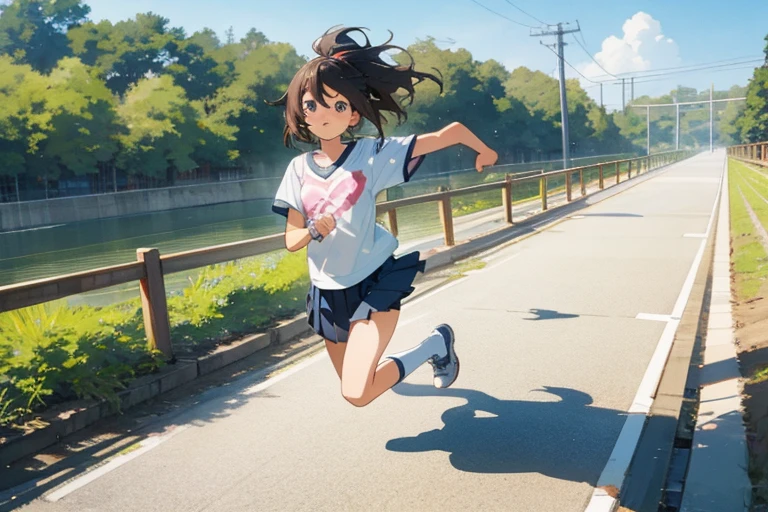 Small size t-shirt,One Girl,jogging,Tama River,Young Anime Girl, Beautiful Anime Girls, Beautiful anime school girl, Cute Anime Girl,Photorealistic Animation