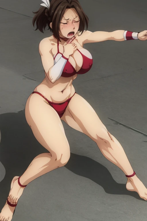 masterpiece, best quality, beautiful art, high resolution, well formed hands, body and fingers, 1 woman, solo, Hikari Hazakura adult, hair ribbon , big breasted, cleavage, full body, long hair,  wearing a Tyris Flare outfit, sexy and skimpy bikini, gorgeous legs and thighs, ryona , in peril, she is being beaten up by her opponent, she is knocked down and slapped in the face and being slammed against the floor, receiving the impact of her opponent's attacks, closed eyes, screaming in pain and agony, ryona and perilous scene, bouncing breasts, weak and helpless, martial arts tournament on the beach 