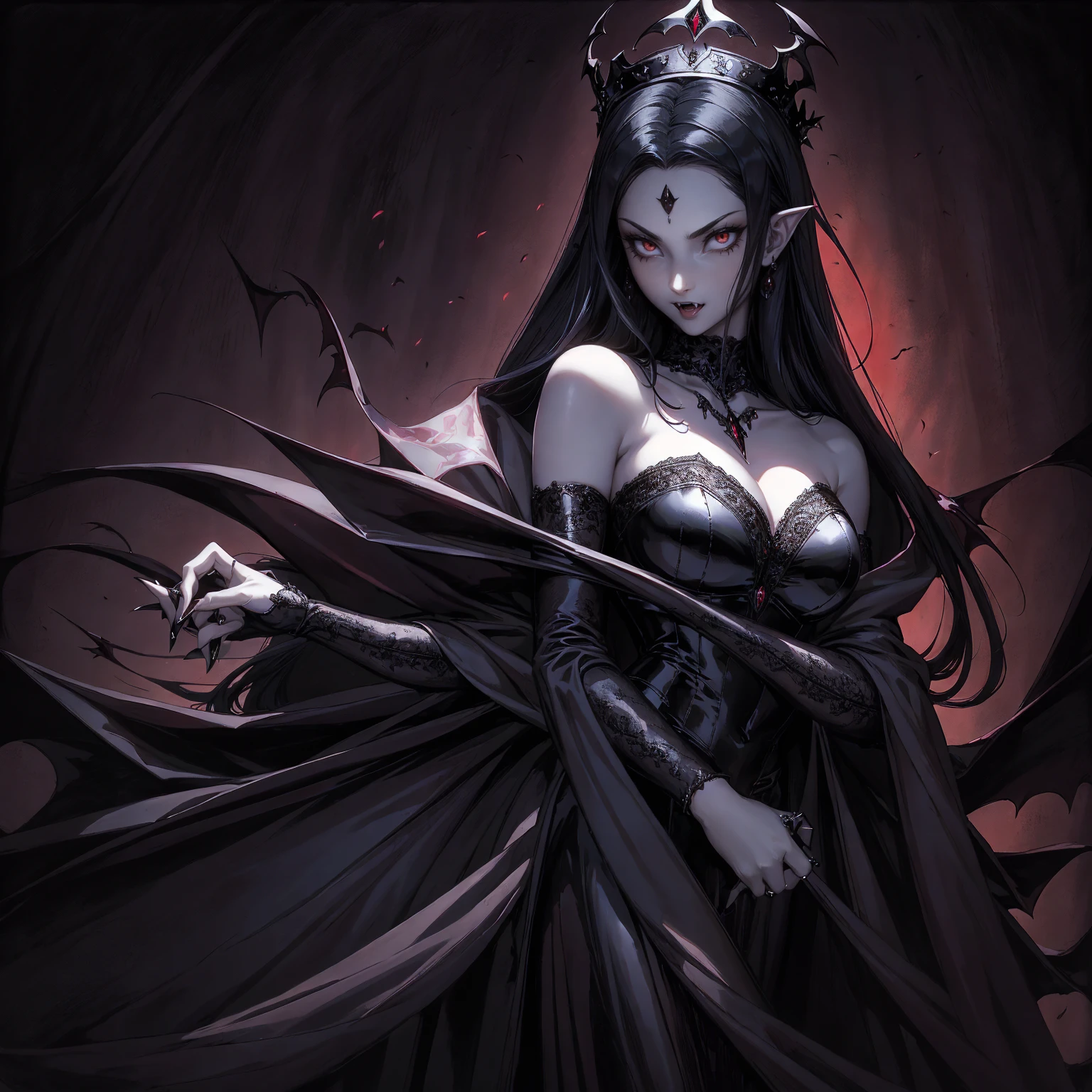 absurdres, ((stunning female Vampire))), goth Renaissance, (long black hair:1.erfect and detailed angular sharp oval shaped face, ((redeyes)), jewelry, red and black tetradic colors, full lips, gothic castle background, (solo), perfect anatomy, approaching perfection, ethereal, intricate details, ultra-high definition, 12k resolution, goth aesthetic, smooth, sharp focus, dreamy, glowing, backlit, glamour, glimmer, fantastical, shadows, smooth, Gothic crown,  backwards, looking back