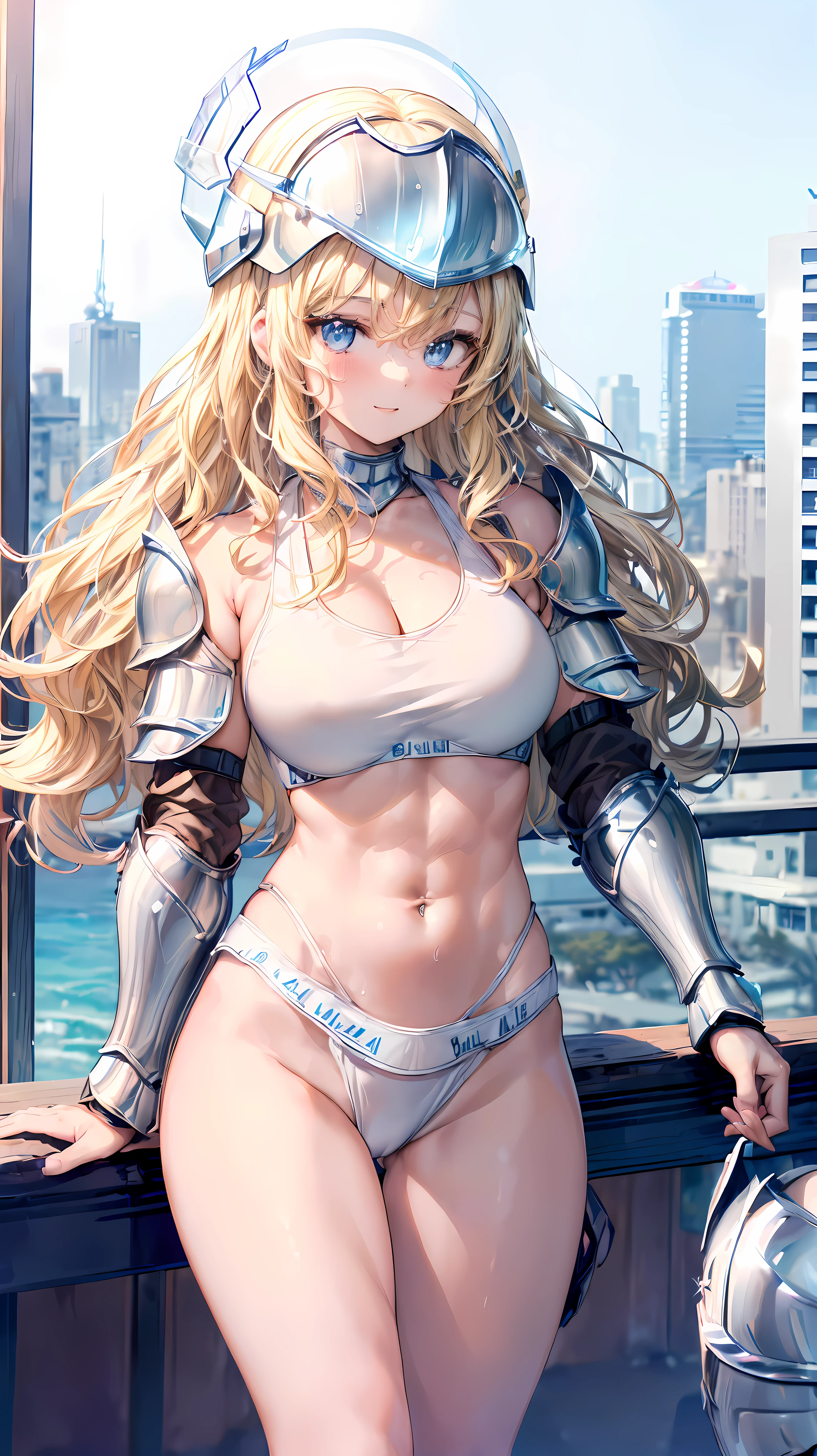 (Adult women:1.5)、Very detailed、highest quality、Best image quality、masterpiece、8k、Anime Face、A kind smile、Open your mouth、Sparkling blue eyes、(Blonde Wavy Hair:1.5)、、Muscles of the whole body、camisole、Thigh belt、mini skirt、(Wearing white bikini armor:1.5)、(Cowboy Shot:1.5)、(Leg armor:1.5)、(Wearing a helmet:1.5)